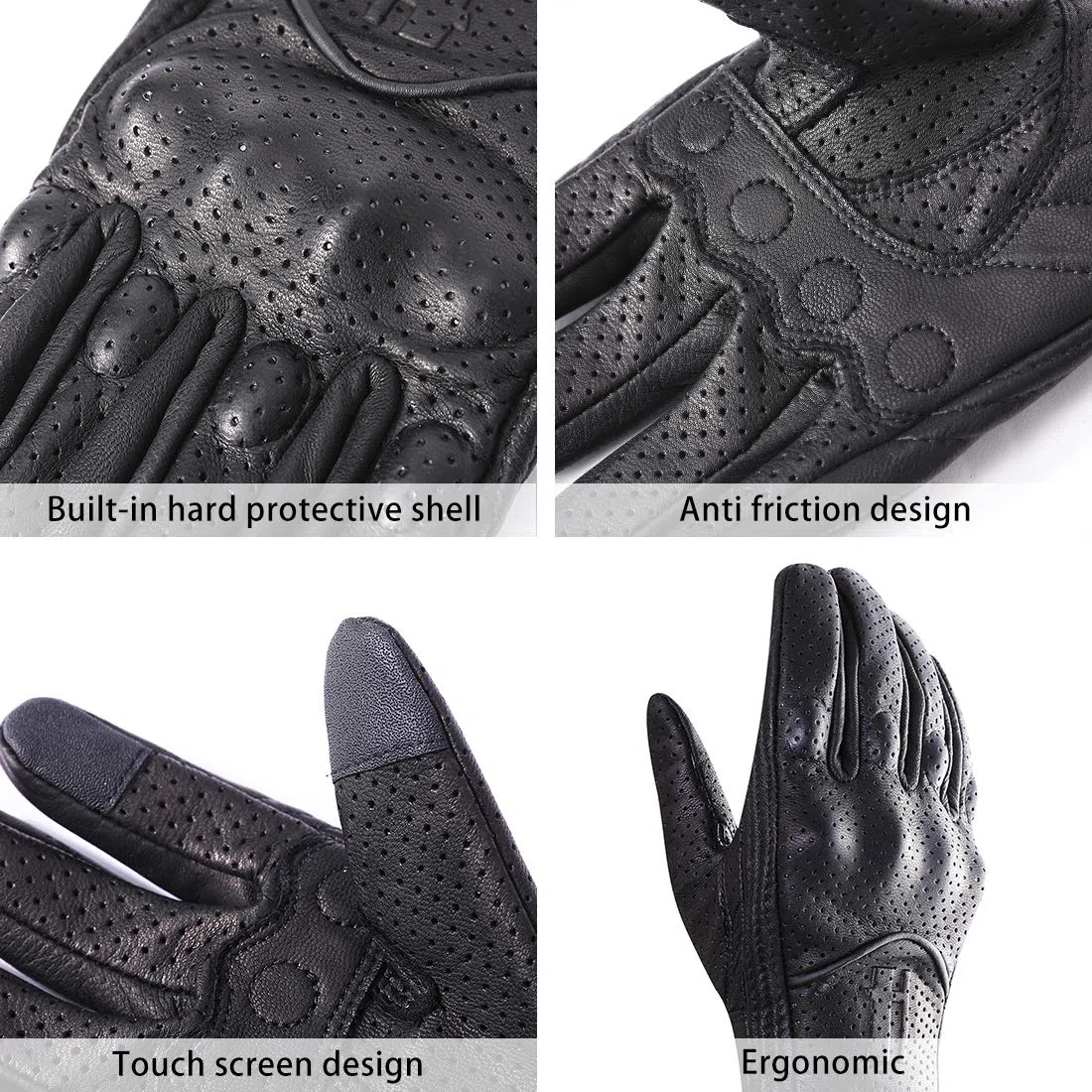 Harssidanzar Guantes de Moto de Cuero con Pantalla táctil de Piel de Cabra de Dedo Completo para Hombre GM028E