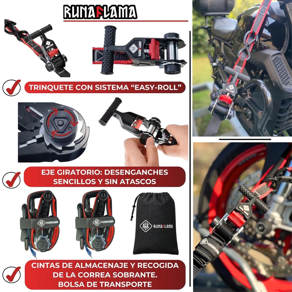 Cinchas de Amarre Moto con Carraca - Eslingas de Carga para Remolque - Trinchas de Sujeción a Portamotos - F. Rotura 800 kgf/Cinta - 2 Correas con Ganchos de 1,9m + 2 Eslingas de Amarre
