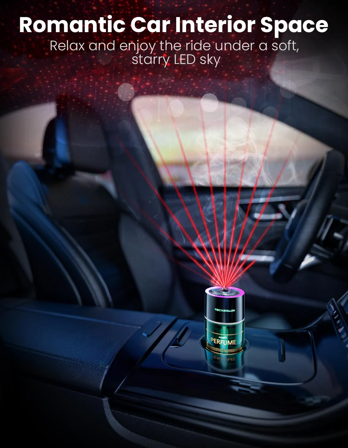Difusor de Aroma para Coche con Luz RGB y Proyección Estrellada, 4 Modos de Fragancia, 120 Días de Uso, Recargable por USB-C, Auto Encendido/Apagado, Fragancia Oceánica, 120ML