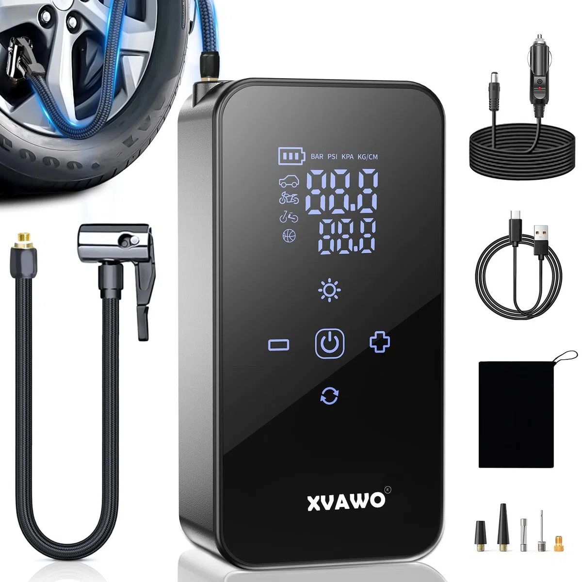 Compresor Aire Portatil 150PSI: Inflador Ruedas Coche con Batería | Hinchador Electrico Con Parada Automática Para Coche Moto Bicicleta y Balones