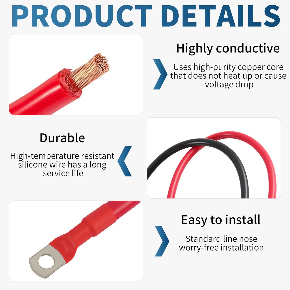 2 Piezas 50cm 35mm² Cables de Baterías, 12V 2AWG Cables para Inversor de Batería con Terminales de Anillo M10, Cable Resistente de 50 cm, Cable de Batería Cobre, para Automóvil, Camión (Negro,Rojo)