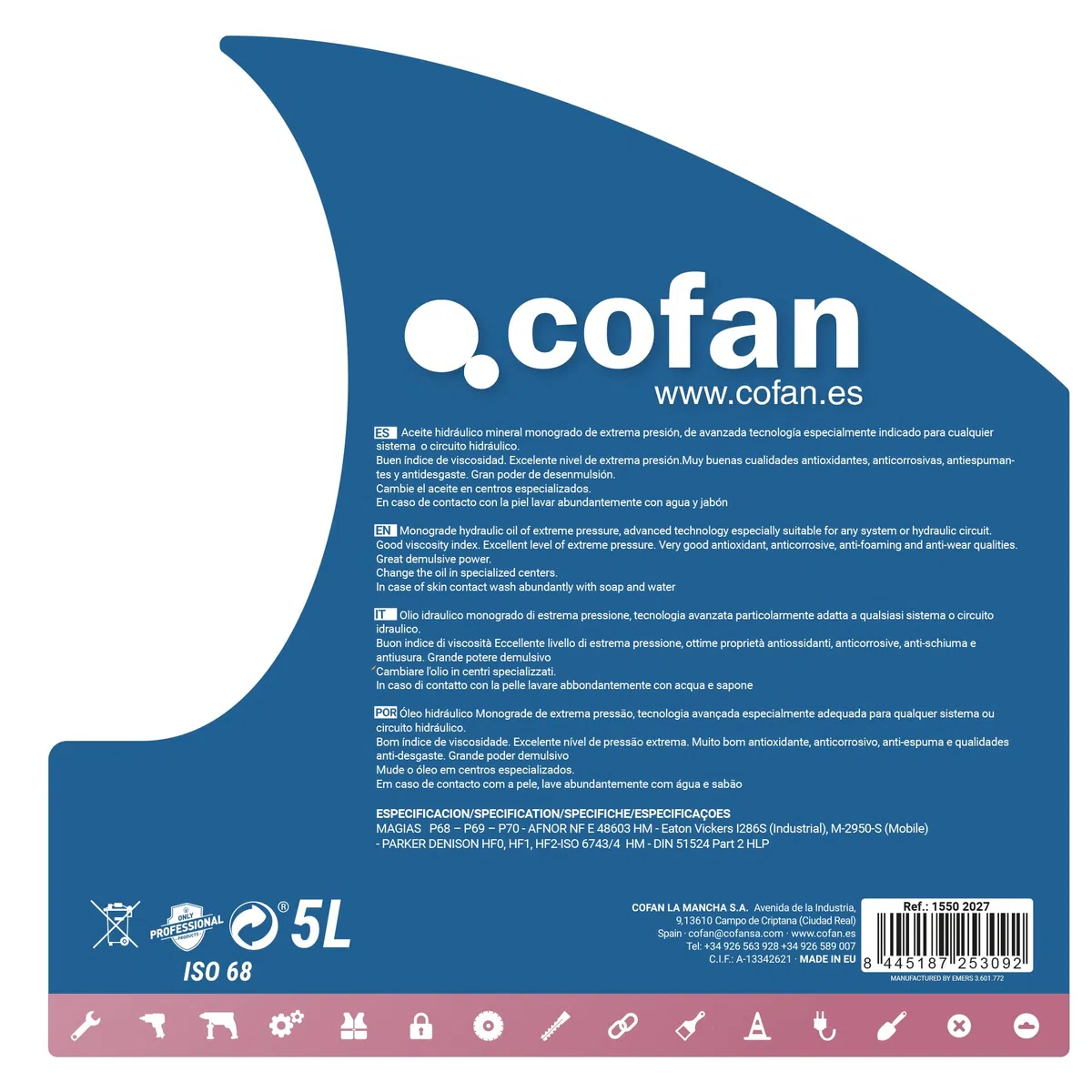 Cofan Aceite Hidráulico Normativa ISO VG 68 de 5 L | Para un buen mantenimiento de las maquinarias | Lubricante mineral