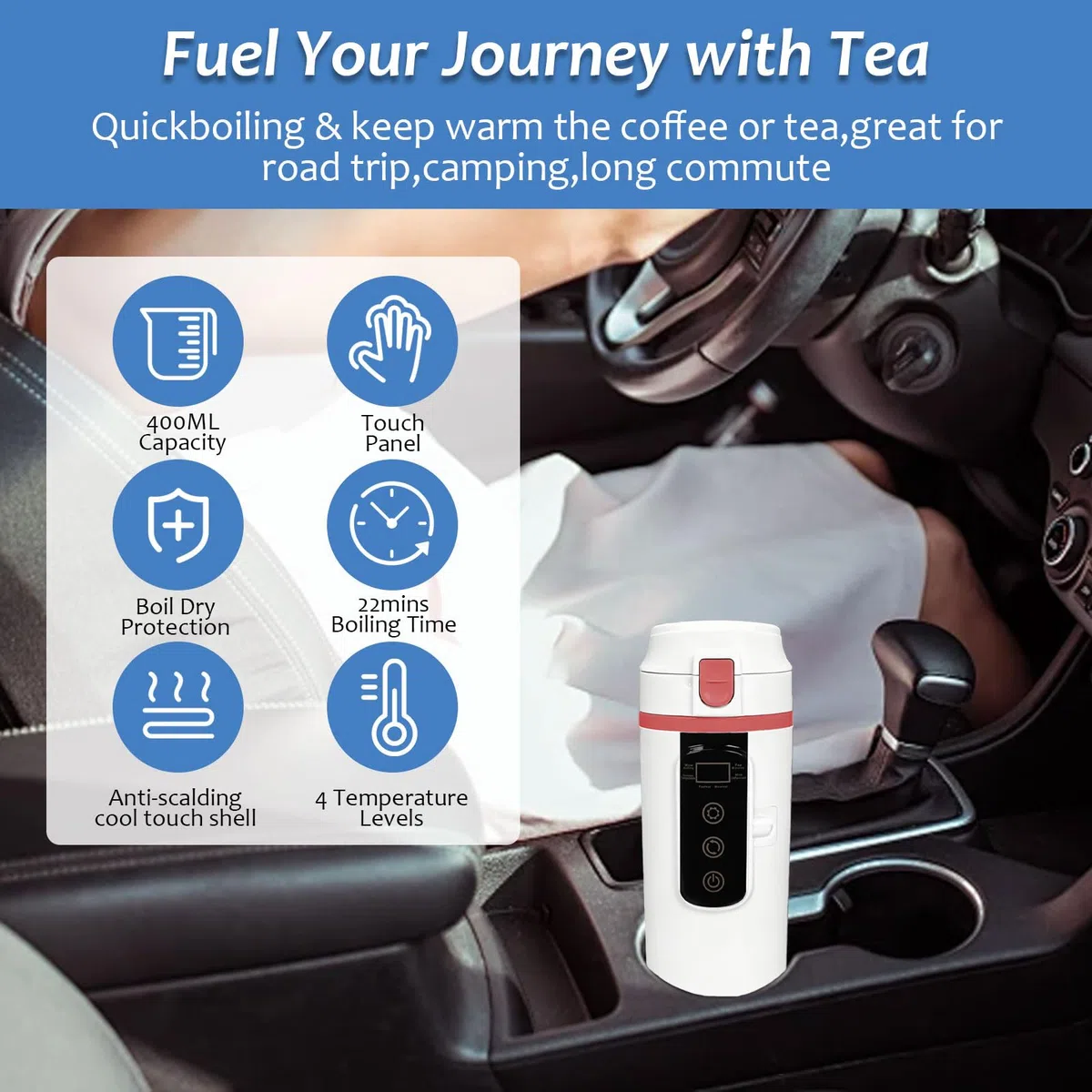 500ml Hervidor de Agua para Coche 12V/24V, Hervidor de Agua Portatil Coche Calentador de Agua Portátil para Coche, Temperatura Ajustable, Control Táctil, para Calentar Agua, Café, Leche, Té, Blanco
