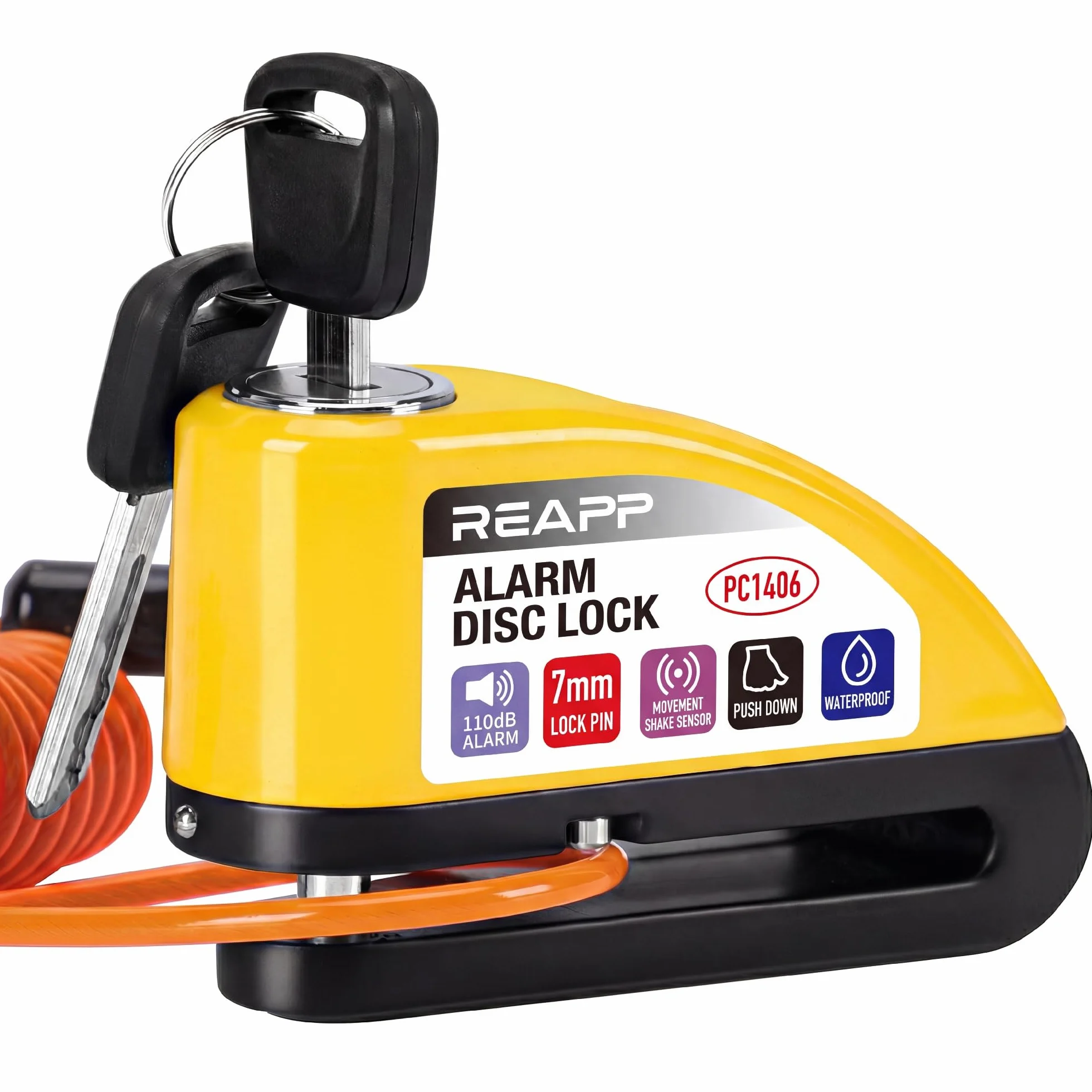 REAPP Candado Moto Disco con Alarma 110 DB, Antirrobo Moto Freno 7mm con Accesorios 1.5m Cable Recordatorio y Candado Bolsa, Pinza Moto Antirrobo para Motocicletas Bicicleta