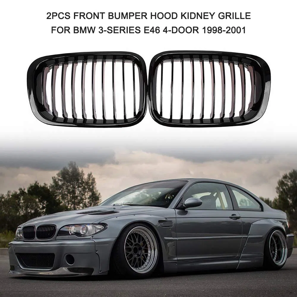 Parachoques Delantero Capó Rejilla Riñón Racing Rejilla Reemplazo para BMW Serie 3 E46 4 Puertas 1998-2001 2 Piezas