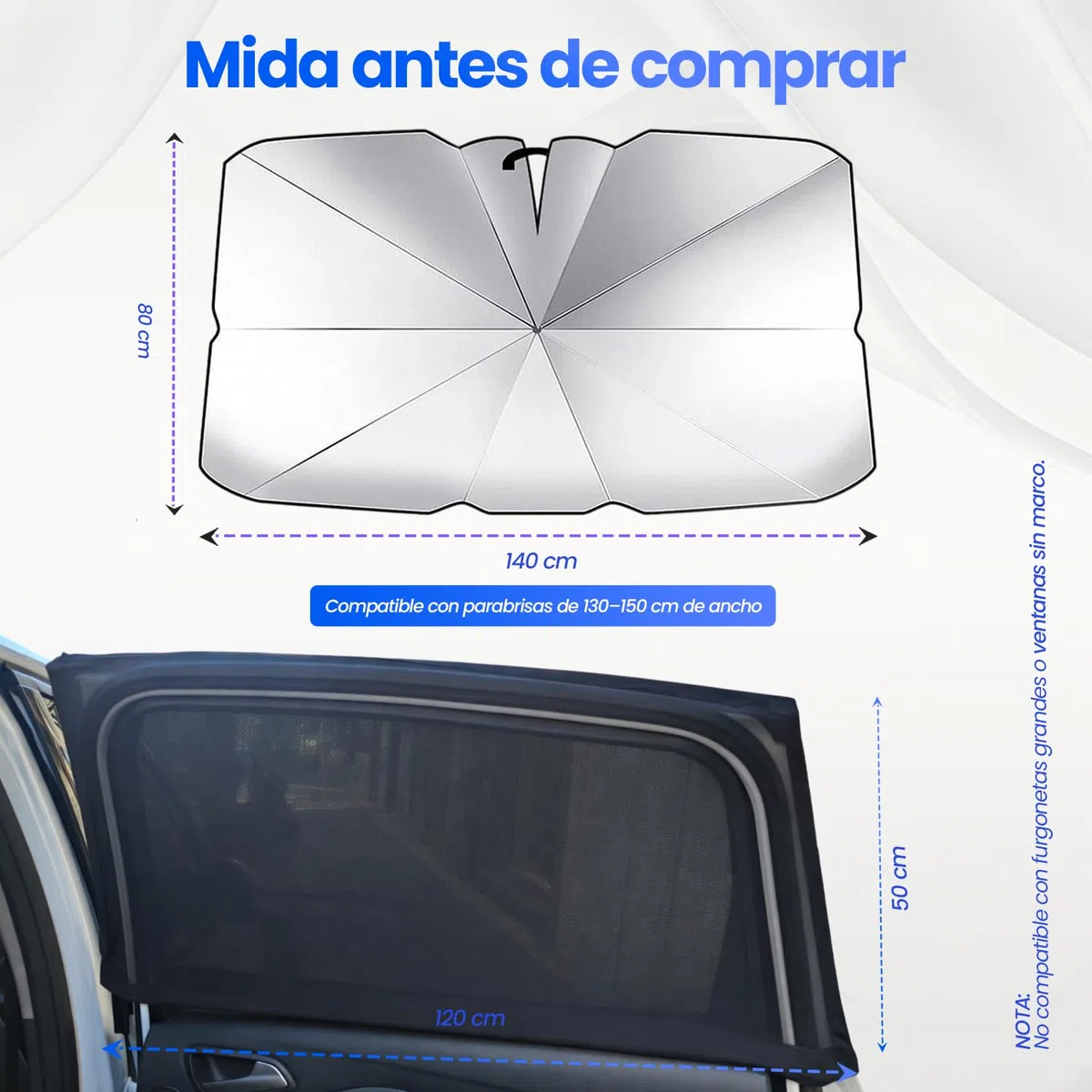 Parasol Coche Delantero Tipo Paraguas 140x80 + 2 Parasoles Coche Lateral, Parasol Coche Paraguas, Potector Solar Coche Delantero, Parasol Ventanas Traseras Coche