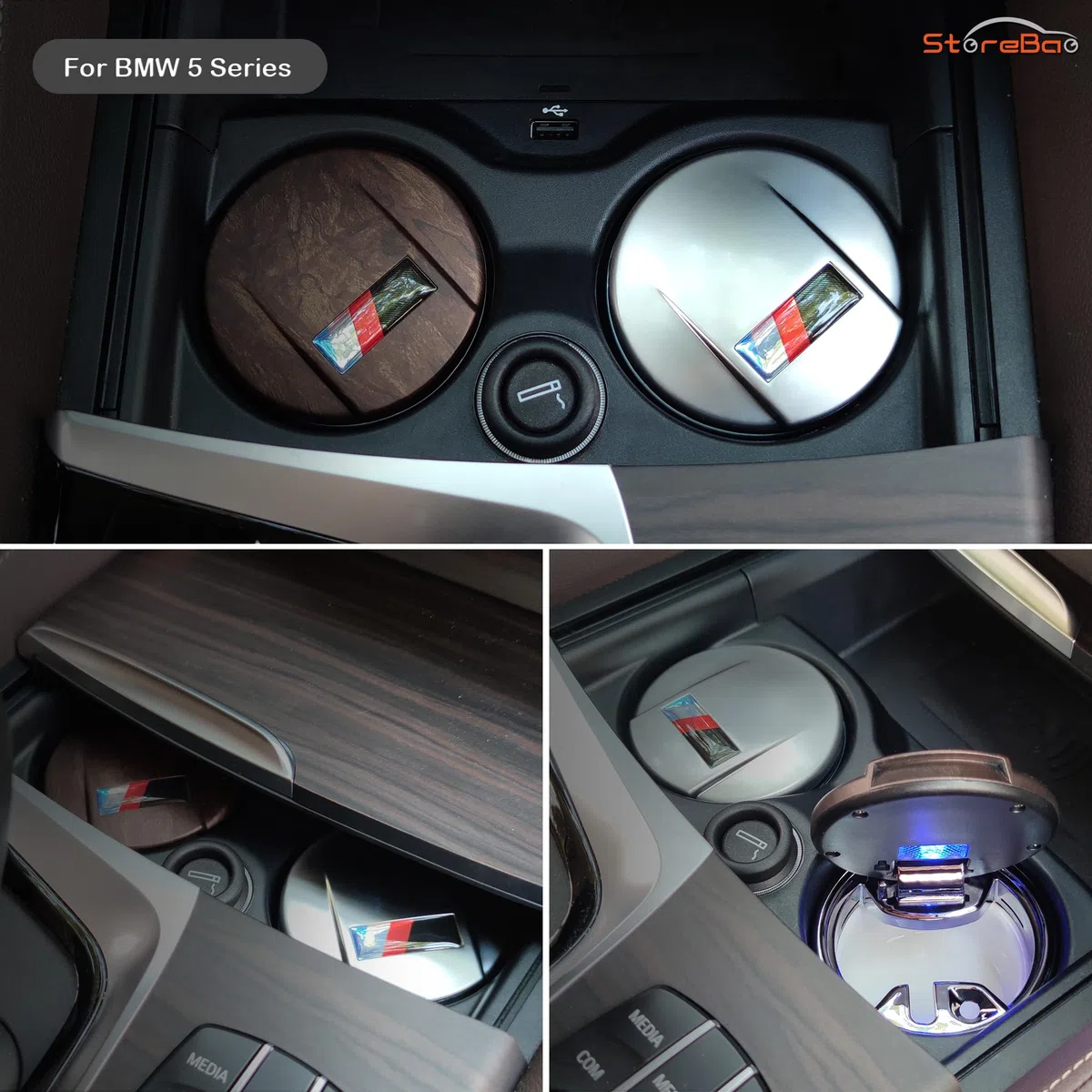 Cenicero de Coche para BMW Serie 1/3/5/7 y X1/X3/X5/X6, con Luz LED y Tapa, Desmontable y Portátil (Fibra de carbon)
