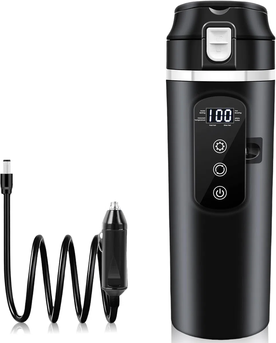 Hervidor de agua para coche, vaso calefactor de 500 ml, hervidor de agua de viaje, 12 V, mini café eléctrico de hasta 100 ℃, control de temperatura variable para camiones y camping