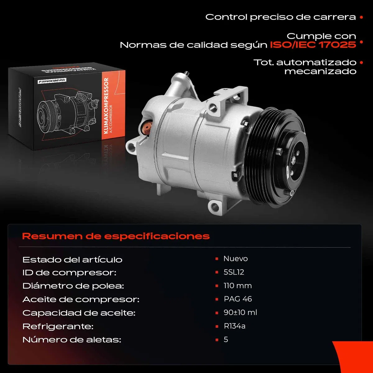 Frankberg Compresor de aire acondicionado con embrague Gasolina Compatible con Corsa D S07 1.0L 1.2/1.2 LPG 1.2L 1.4L Corsa E X15 1.2 1.4/1.4 LPG 1.4L Replace# 55701200incl. aceite premezclado