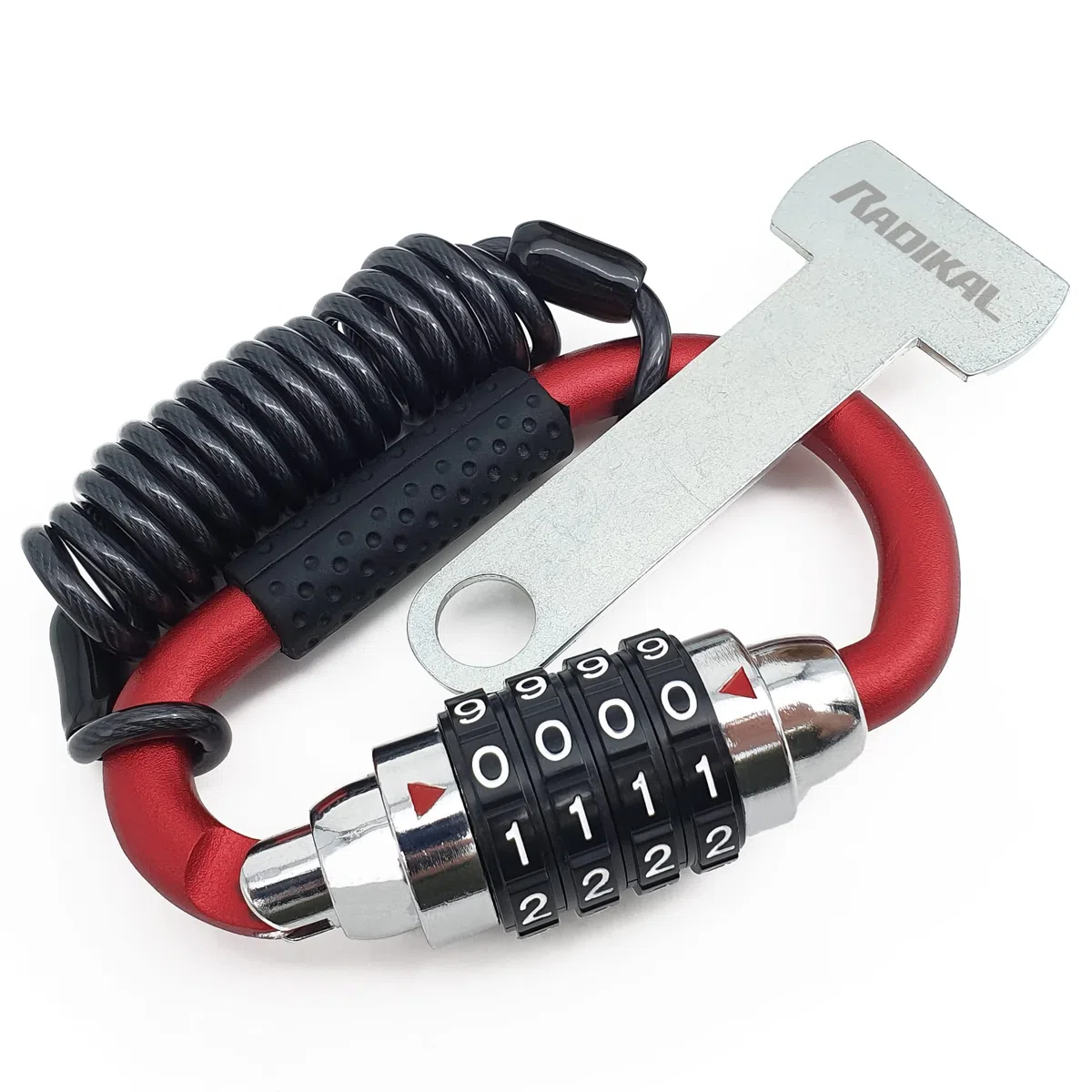 RADIKAL RK540R Candado Casco Moto, Mosqueton Multifuncion con Código 4 Digitos Más Seguro, Adaptador T, Cable Seguridad Acero Trenzado, Accesorio Antirrobo Universal para Casco Moto Bicicleta Chaqueta