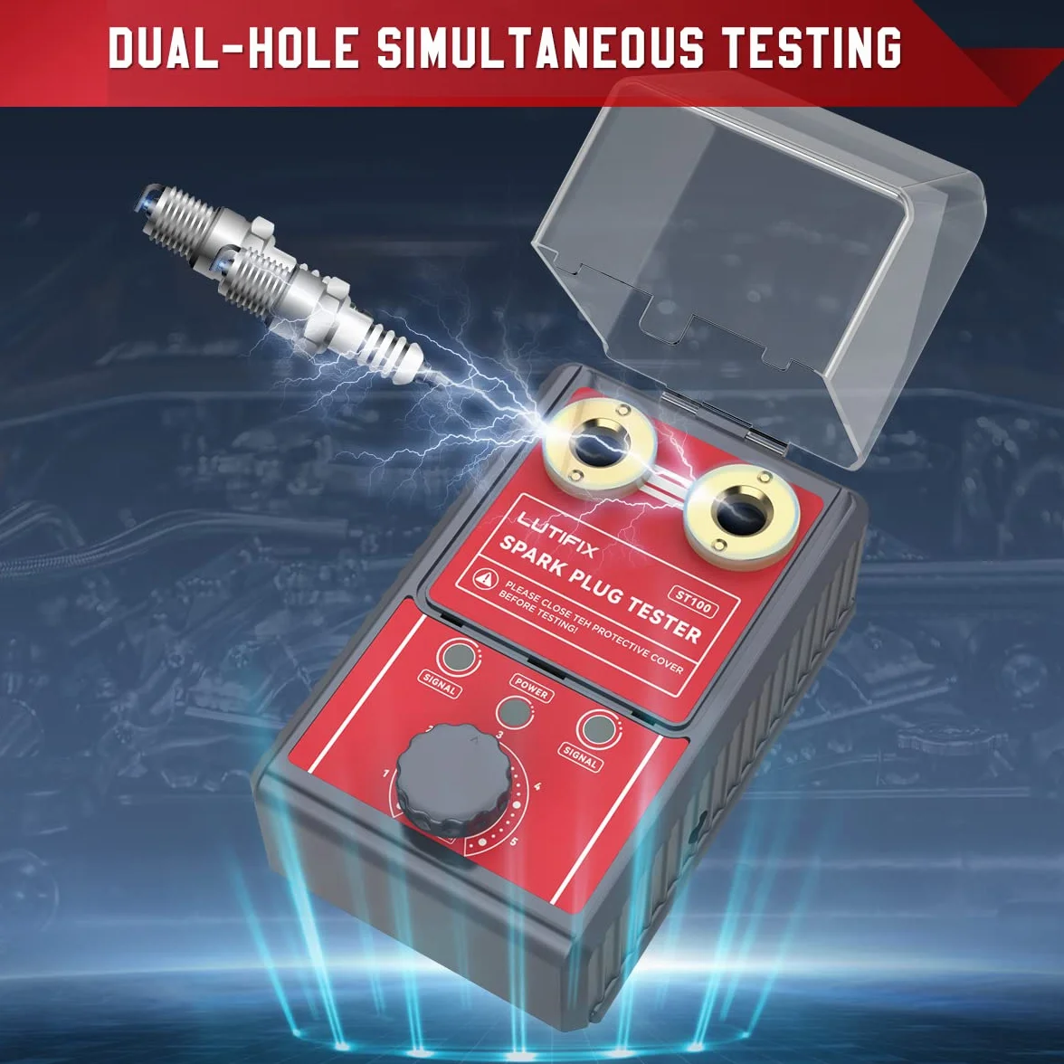 Probador de bujías, analizador de sistema de bujías de encendido de doble orificio automotriz con orificios dobles ajustables y cubierta protectora Bujía de 0 a 6000 rpm Ajustable para bujía de 12 mm