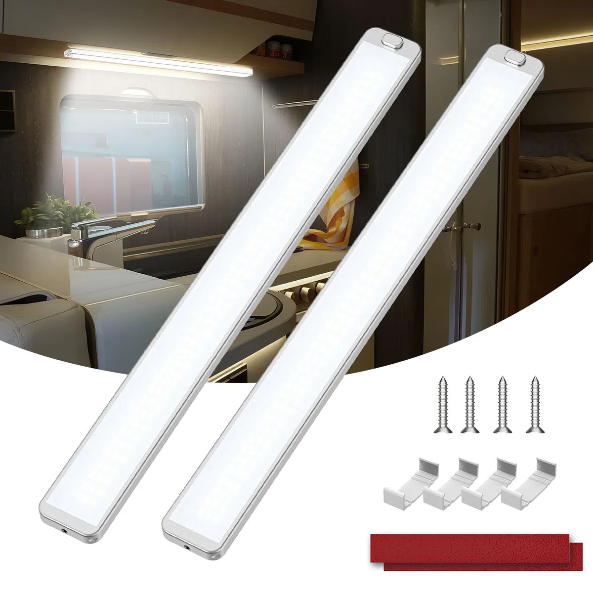 228 LED Listón de 12 V 10 W, 2 unidades de 2000 LM LED lámpara con interruptor, 42 cm 6000 K, barra de iluminación para coche, furgoneta, autobús, caravana, barco, cocina, camión, universal