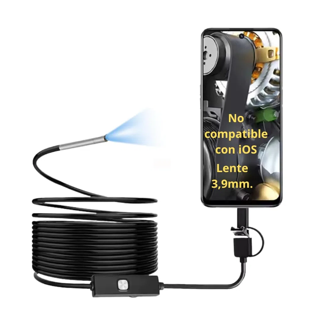 Endoscopio para Móvil, Cámara Endoscópica para Móvil HD 720P Ø3,9 mm, Cable Semirrígido 1,5 m, 6 LED, IP67, Cámara de Inspección para Android, Tablet y PC, Bricolaje y Uso Profesional
