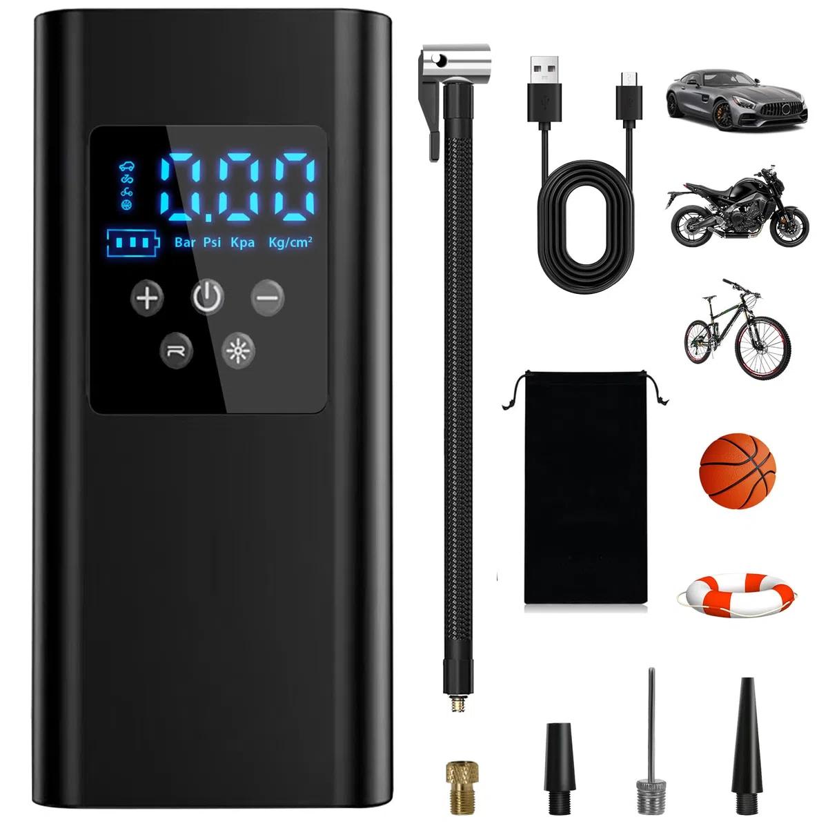 150PSI Compresor Aire Portatil, 6000mAh Inflador Ruedas Coche con 4 Boquillas, Linterna LED y Sensor de Presión para Coches, Motos, Bicicleta, Pelotas