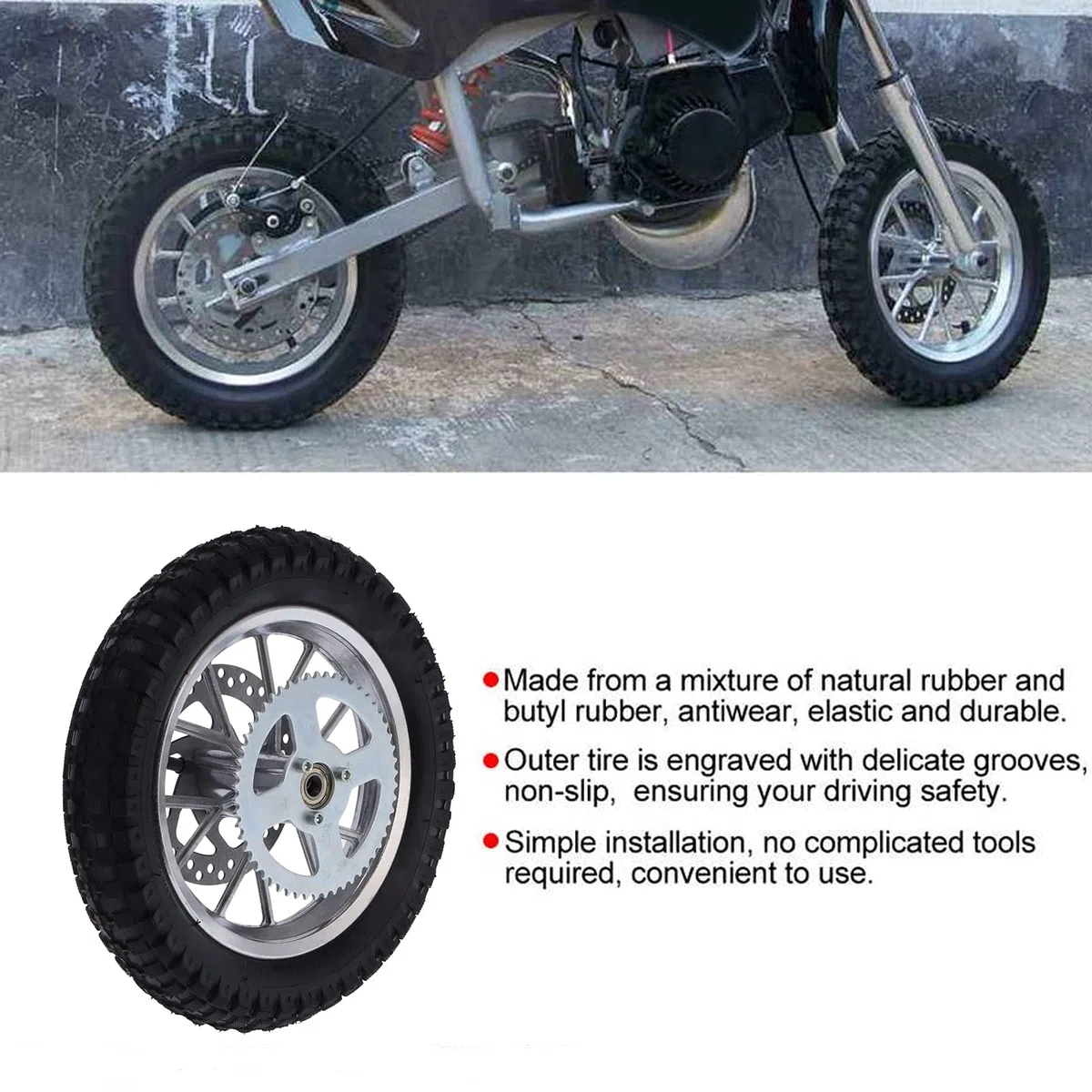 Focket Llanta Trasera de 12,5 X 2,75 Pulgadas con Conjunto de Rodamientos de 0.472 in, Rueda Trasera para Mini Moto de Cross de 47 y 49 de 2 Tiempos, Rotor de Disco de Freno de Neum (A (Plata))