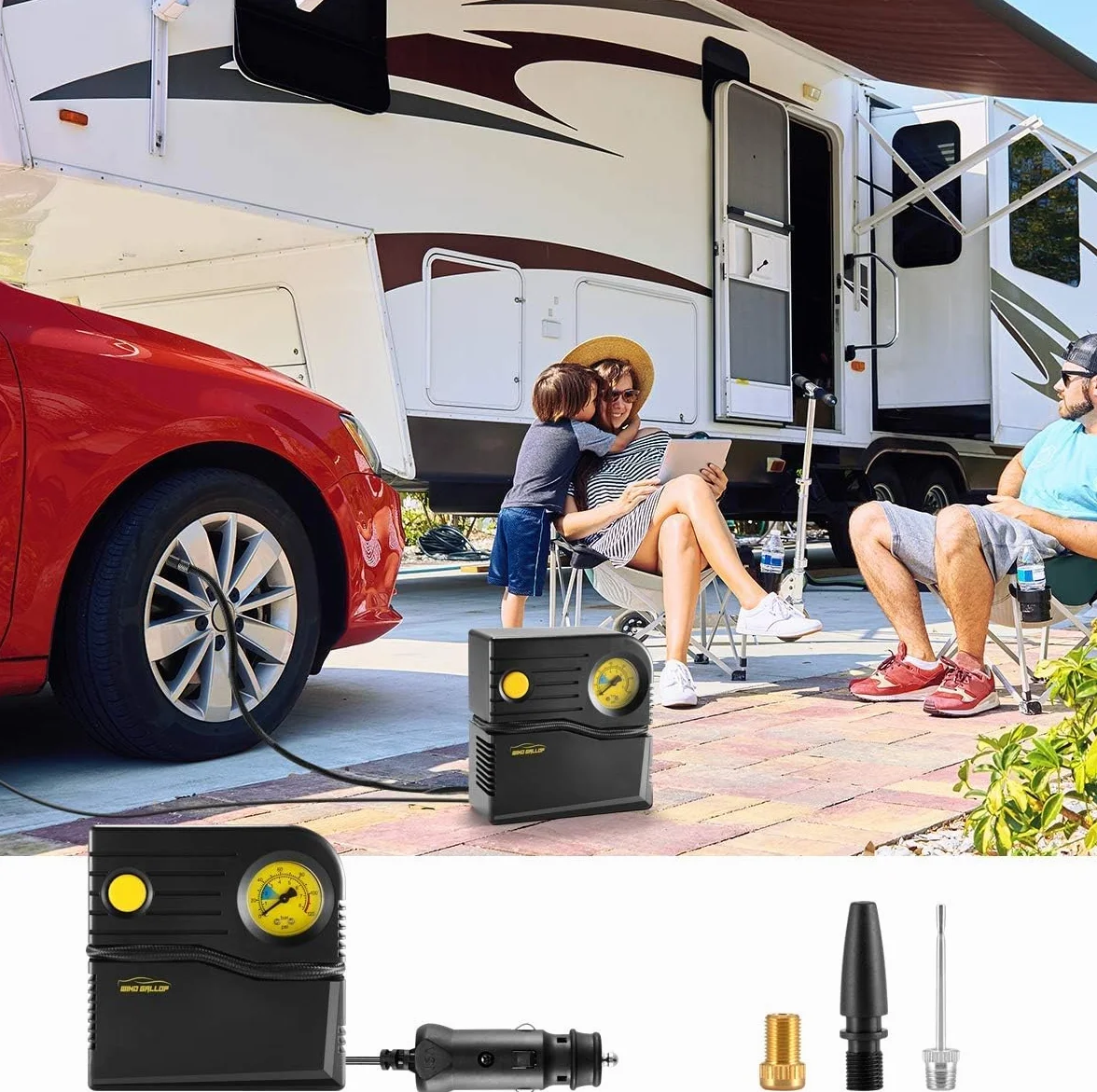 WindGallop Compresor Aire Portatil12v Inflador Ruedas Coche Hinchador Electrico Bicicleta Mini Compresor de Aire Portatil Bomba de Aire con Manómetro de Neumáticos y Adaptadores de Válvulas (Amarillo)