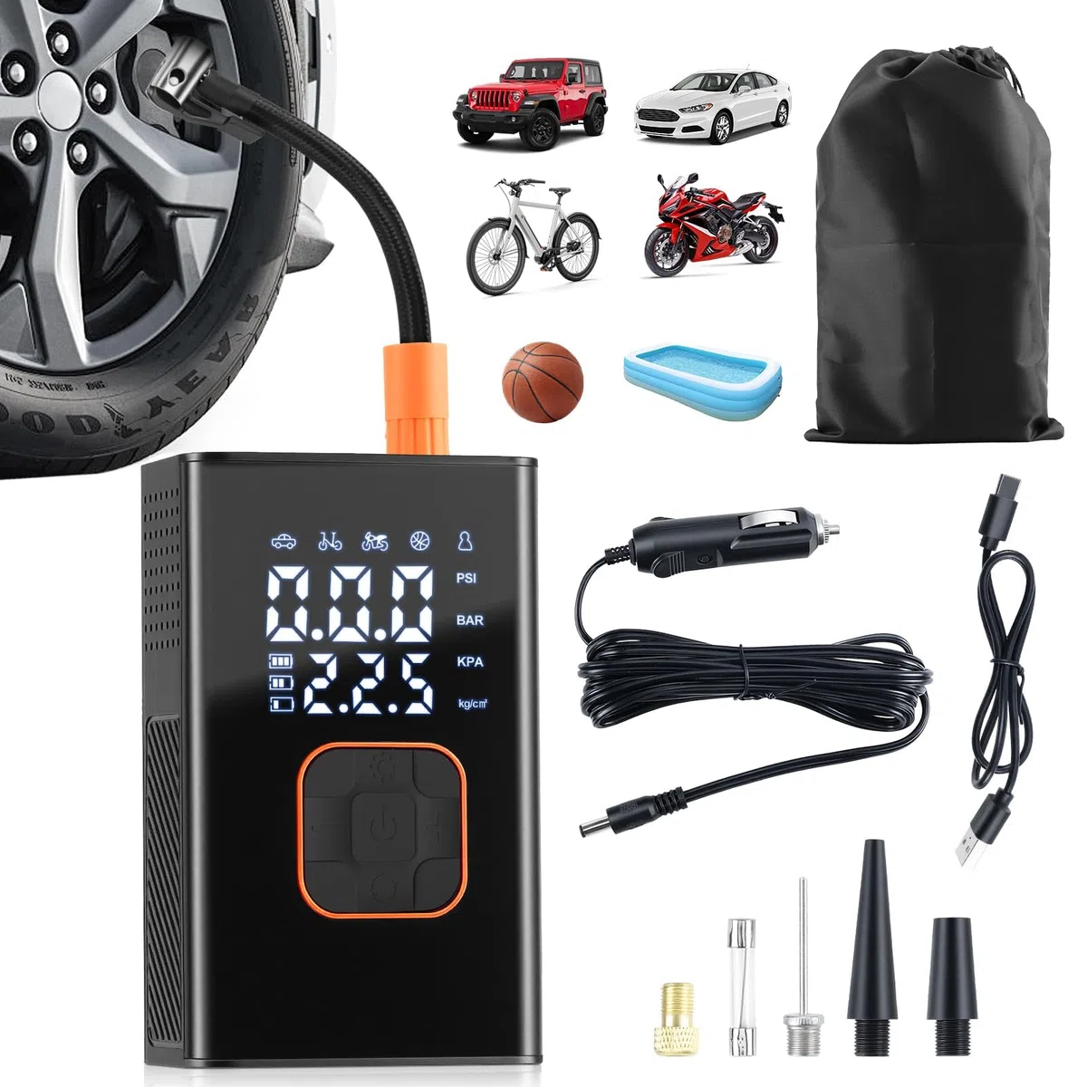 Inflador de Neumáticos y Compresor de Aire Portátil para Coche, Bicicleta – Bomba de Aire Eléctrica con Manómetro Digital, Recargable (Bomba Portátil)