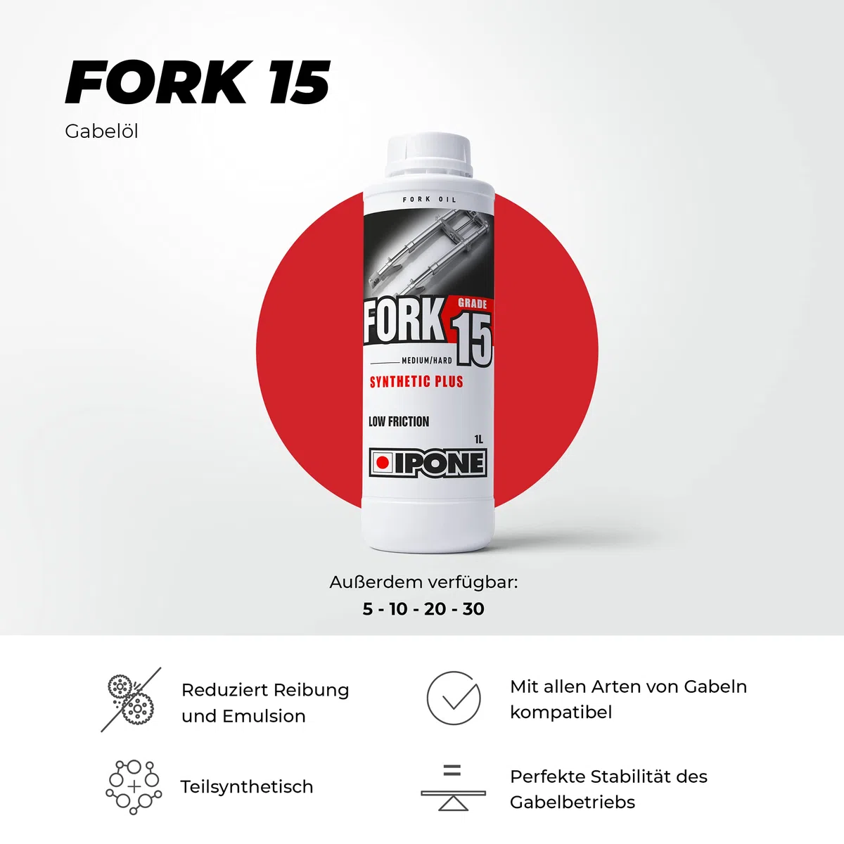 IPONE - Aceite de Horquilla Moto - Fork 15 - Semisintético - Alto rendimiento - Tecnología Anti-fricción y Anti-Emulsion - Envase 1 Litro