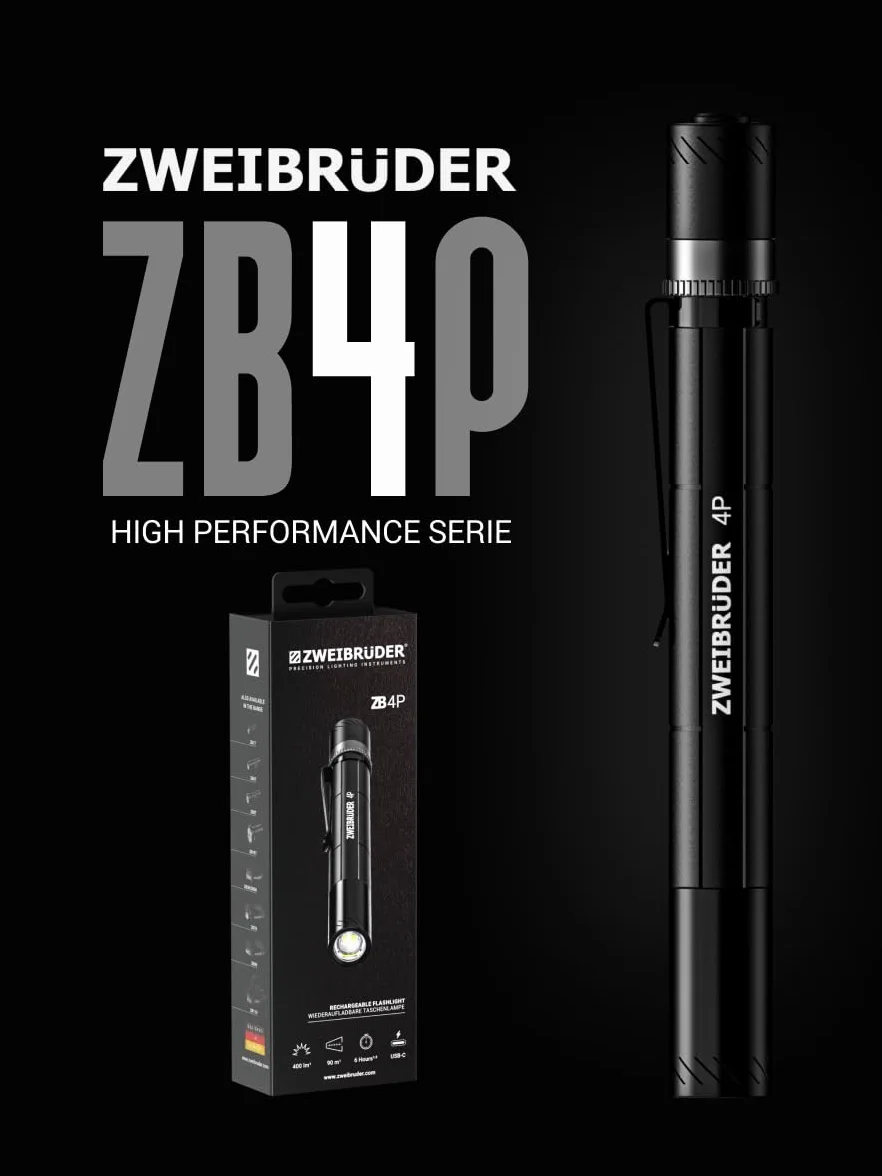 Zweibrüder ZB4P Linterna Tipo Bolígrafo LED Recargable 400 Lúmenes – Penlight Compacta con Función de Enfoque, USB-C y Dual Functional Optic, Ideal para Trabajo, Inspección y Uso Diario