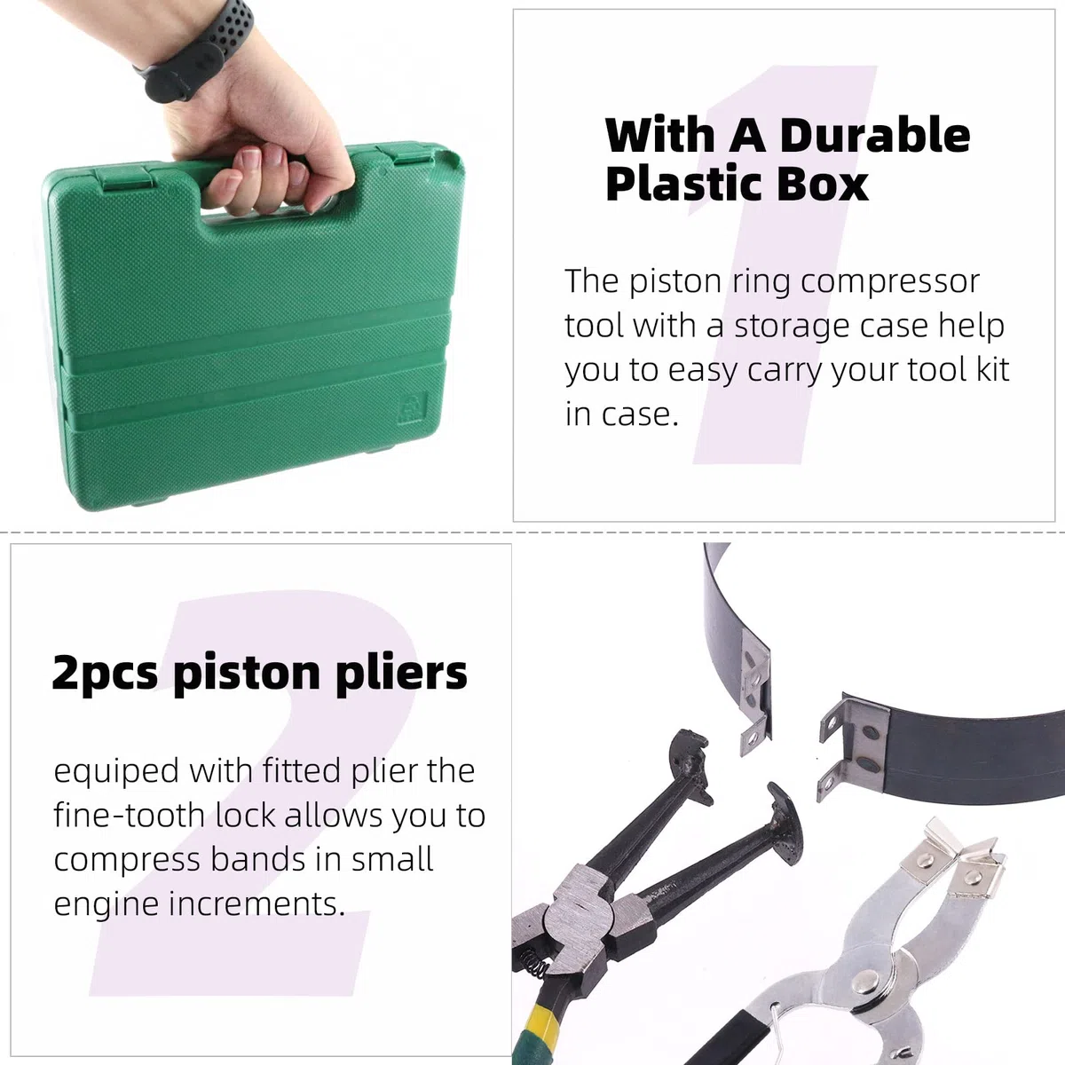 Swpeet 17 alicates de instalación de pistón ajustables, compresor de anillo de coche negro y verde, 6,1 a 14,7 cm con caja de transporte