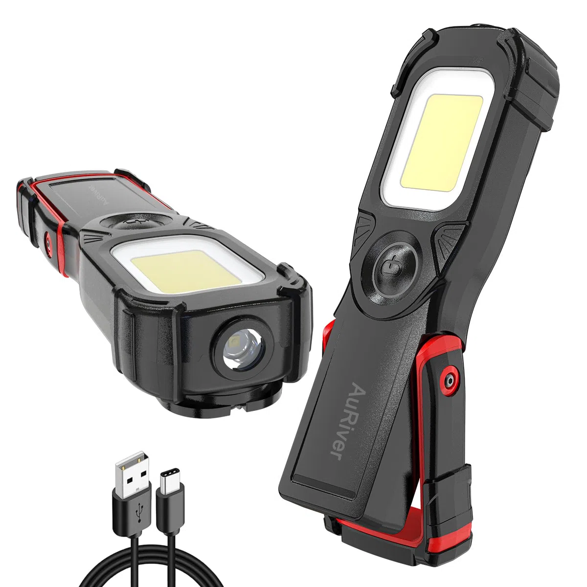 Linterna de Trabajo LED Recargable,Luz de Trabajo Super Brillante LED Parte Delantera de 5W COB LED con Base Ajustable, Gancho e Imán para Hogar, Taller, Automóviles, Camping, Emergencia (Negro/R)