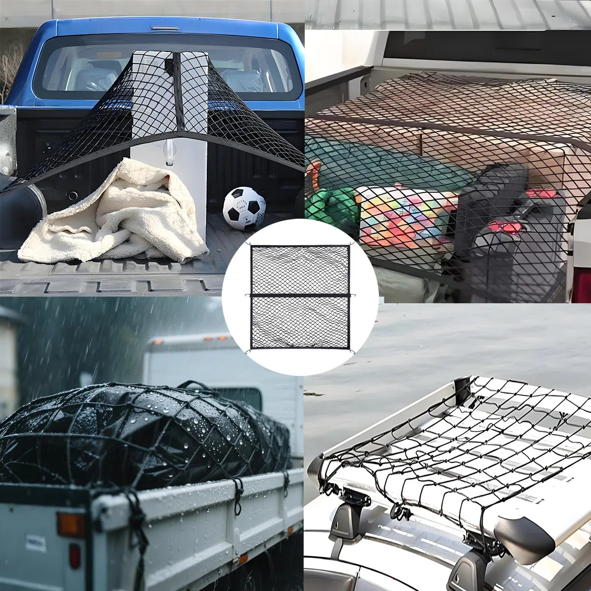 Red de carga elástica, 1,2 x 1,2 m, red de carga para maletero de coche, red de equipaje con 6 ganchos, organizador de red de almacenamiento de coche, malla para camiones, SUV