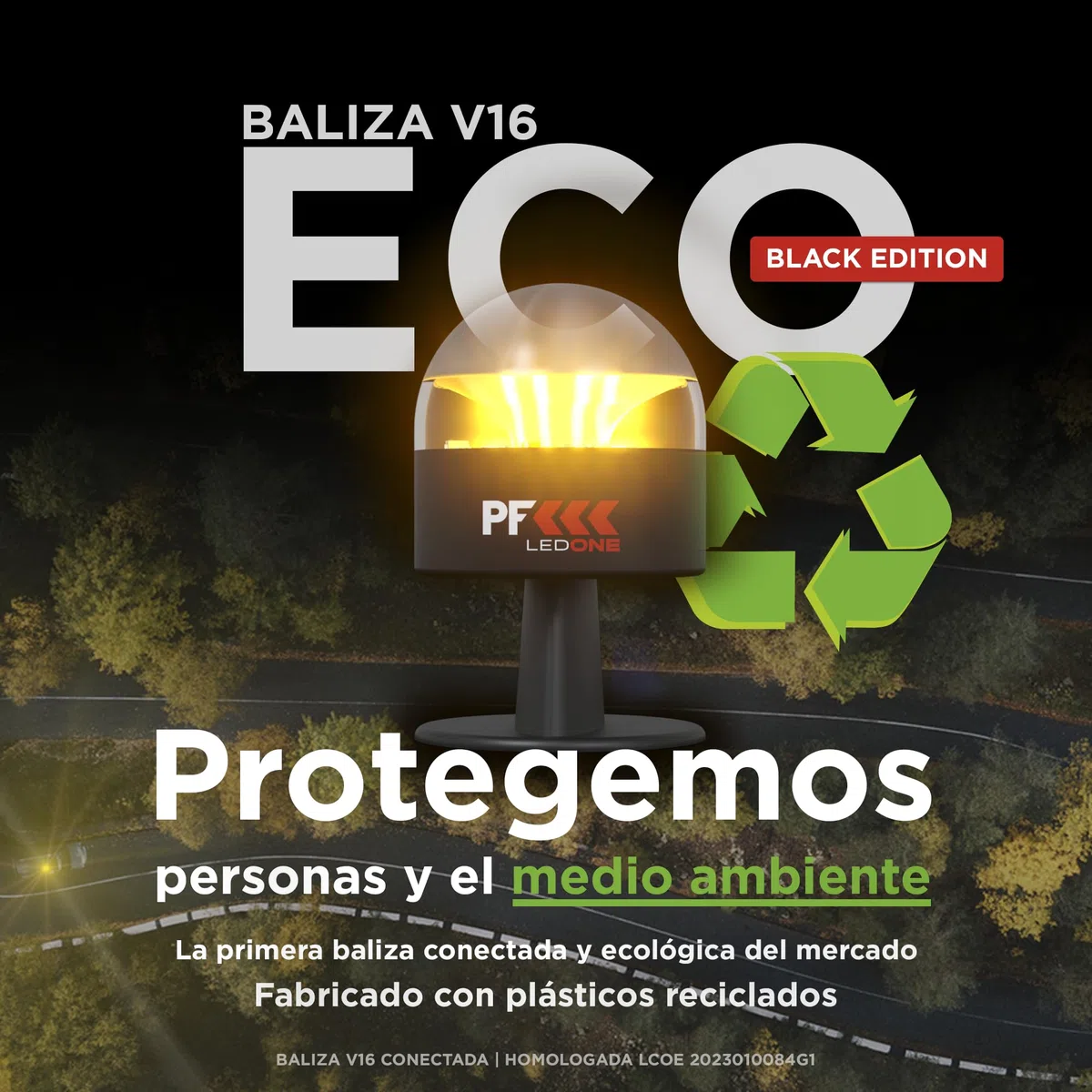 PF LED ONE - Luz Emergencia Coche Homologado DGT Obligatoria a partir de 2026, Baliza V16 Homologada DGT con Geolocalizador, eSim y Datos pagados hasta 2038, V16 con Geolocalización NEGRO