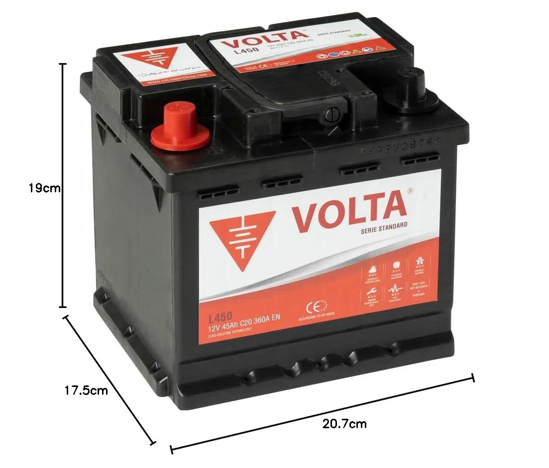 Bateria de Coche Standard 45Ah 360A Volta L450I para Automóvil de turismo - Borne +Izq - Medidas Largo 207 x Ancho 175 x Alto 190 mm con 2 años de Garantía - Fabricación Europea.