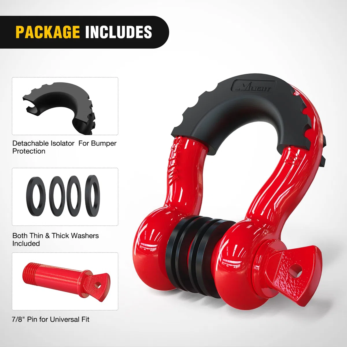 Nilight 90053B Paquete de 2 Ganchos en D de 1.9 cm, Capacidad de 4.75 toneladas, con Pasador de 2.2 cm, Ganchos de recuperación Todoterreno con aisladores y Arandelas para Jeep, camión, Rojo