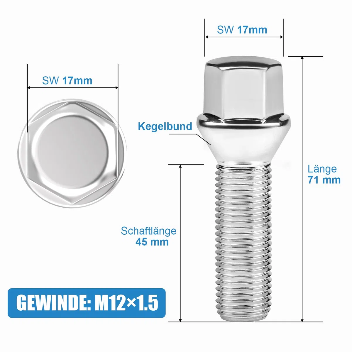 20 tornillos de rueda extendidos, pernos de rueda para espaciadores de rueda, M12 x 1,5 x 45 mm, cono, SW 17 mm, compatibles con BMW