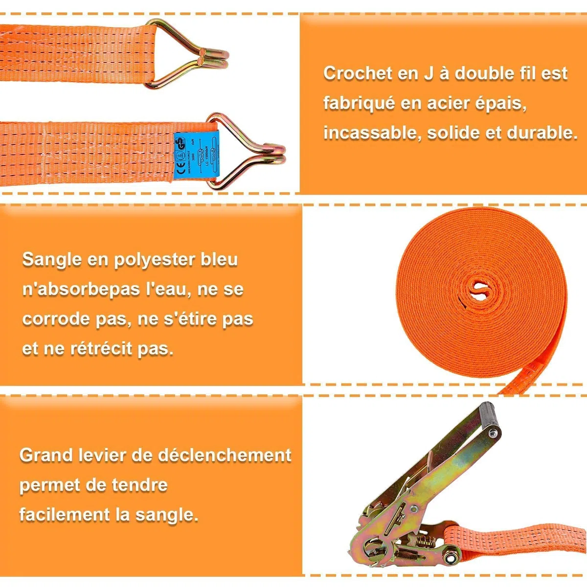 ASelected Pack de 2 Cinchas de Amarre 5 cm X 8 m, Correas de Amarre con Trinquete 3000 kg en Poliéster Naranja, Eslingas de Amarres con Gancho para Remolque, Moto, Coche y Carga
