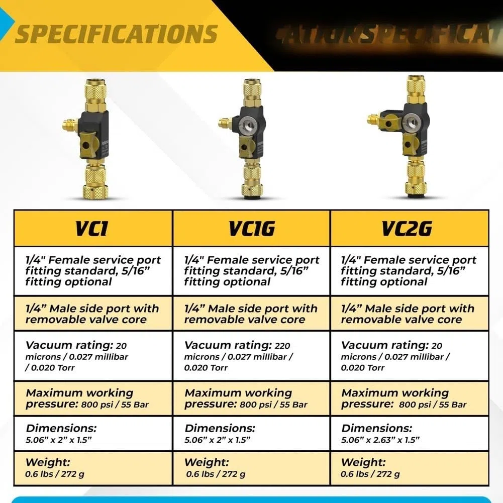Herramienta de extracción de núcleo de válvula compatible de dos tamaños con accesorios de 1/4 y 5/16 y vidrio de visión integrado para diagnósticos HVAC (negro)