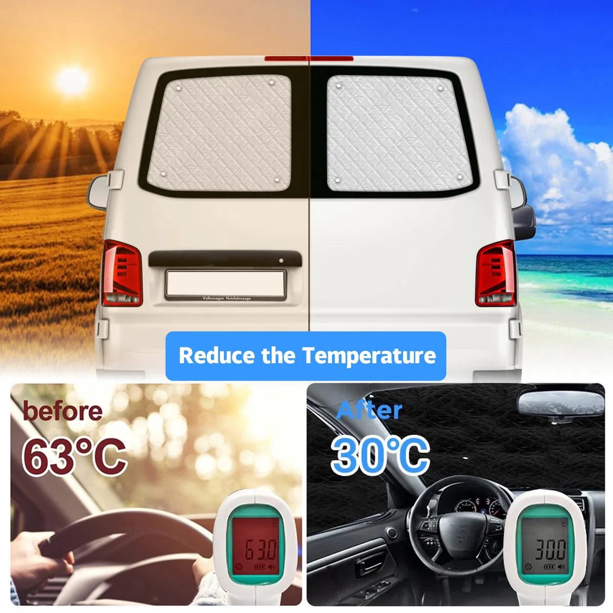Parasol Coche Trasera Compatible con VW T5 T6 2003-2024, Parasol Trasero Doble Puerta, Protección Solar Interna Protección UV, Plegable