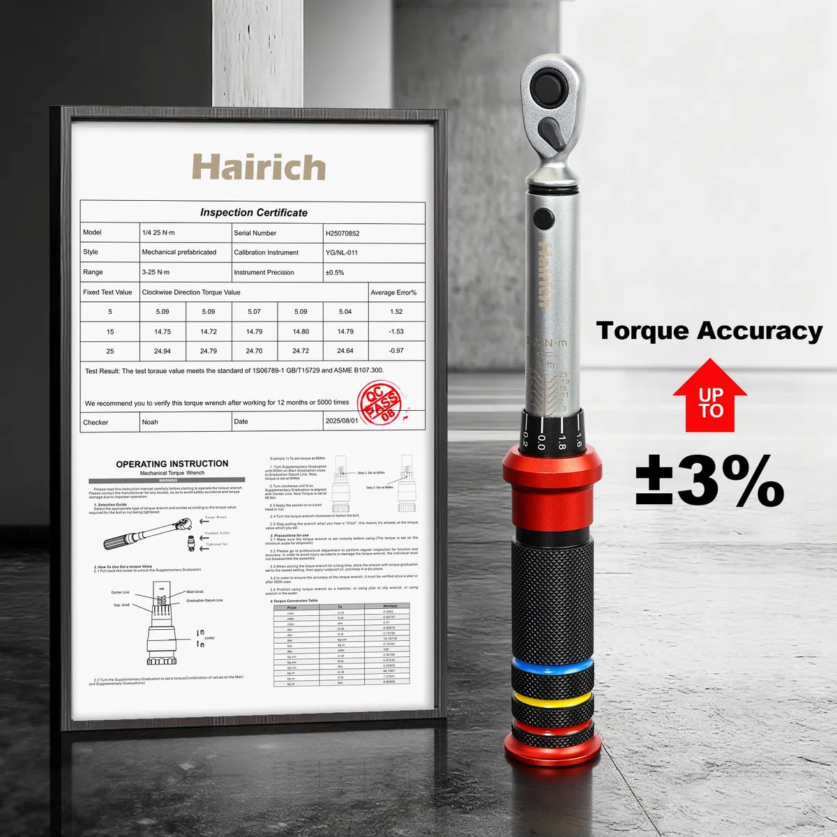Hairich Llave dinamométrica para bicicleta de 1/4 pulgadas, 3 – 25 Nm, juego de llaves de torque pequeña, ± 3% de precisión de error, llave de par de torsión con 72 dientes, cabezal de carraca