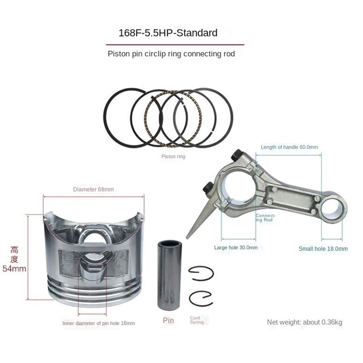 Genérico Kit de pistón y biela for Motores de Gasolina Chinos 152F, 154F, 168F, 170F, 173F, 177F, 188F, 190F y 192F. Juego de Clips y pasadores de Anillo.