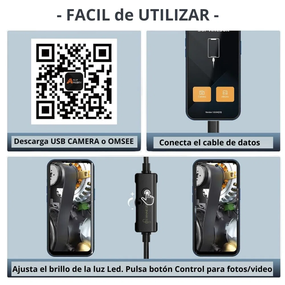 Endoscopio para Móvil, Cámara Endoscópica para Móvil HD 720P Ø3,9 mm, Cable Semirrígido 1,5 m, 6 LED, IP67, Cámara de Inspección para Android, Tablet y PC, Bricolaje y Uso Profesional