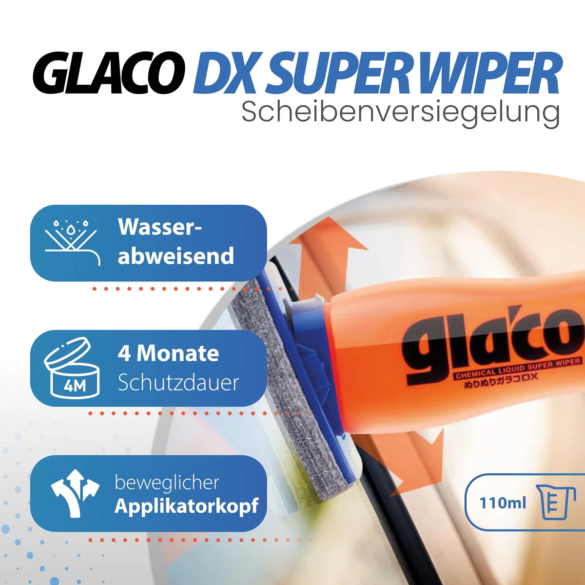 detailmate Juego de 4 piezas de sellado de vidrio - Soft99 Glaco DX 110 ml - Sellado con efecto loto perfecto + Limpiaparabrisas 100 ml, gamuza de microfibra 40x40cm y paño de vidrio
