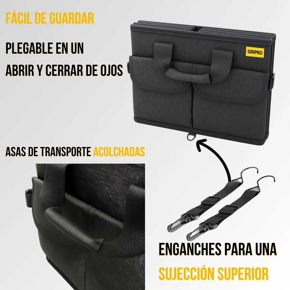 Organizador Maletero Coche 50L - Bolsa Maletero coche Plegable con Bolsillos, Base Doble y Paredes Reforzadas - Versátil y Seguro - Base Antideslizante - Cinchas Ajustables - Tapa Extraíble