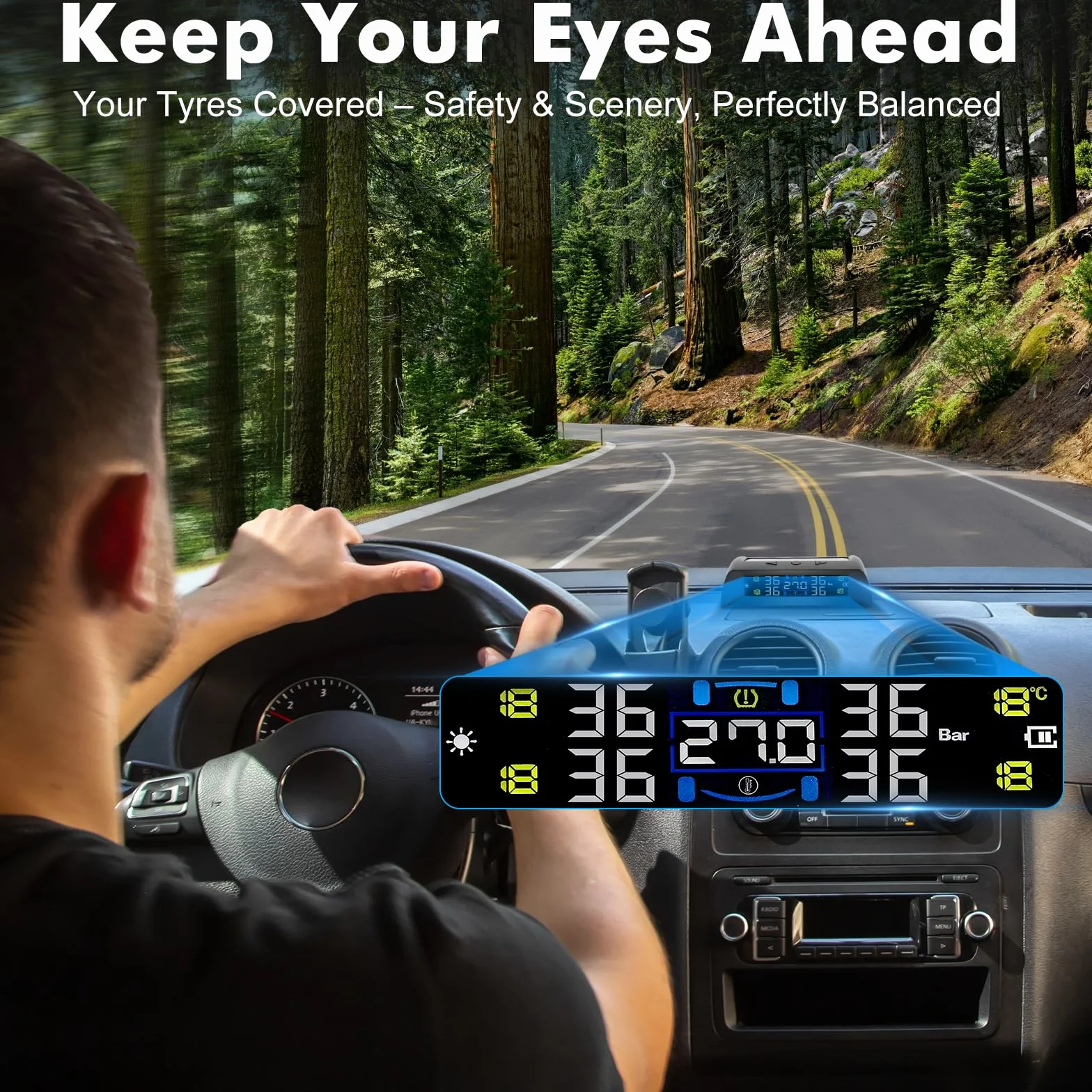 TPMS Sistema Monitoreo Presión Neumáticos, Carga Solar/USB, 6 Funciones de Alarma, Auto On/Off, Compatible Caravana/Berlina/SUV/MPV (4 Sensores, 72 PSI)