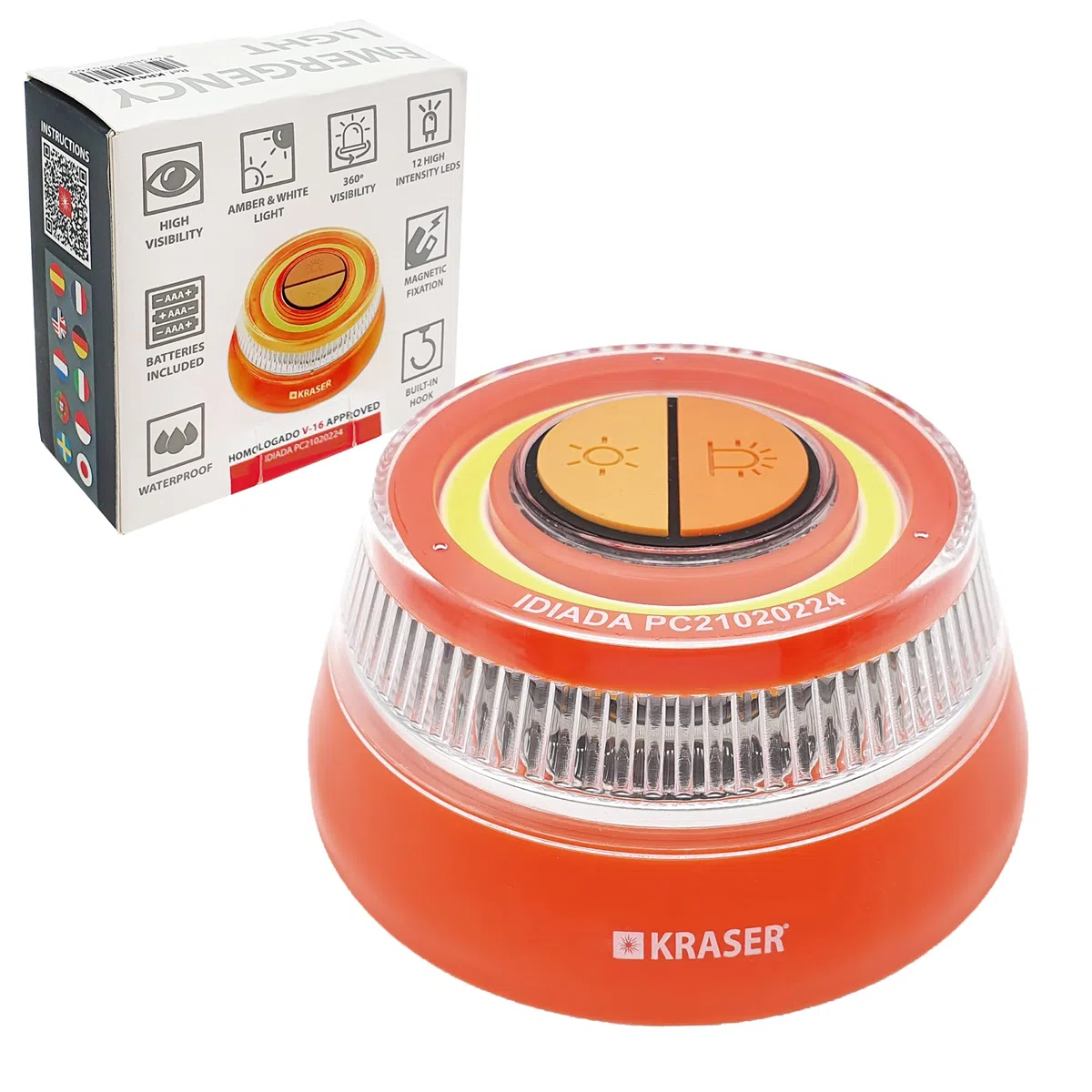 KRASER KR4V16N Luz Holomogada (No conectada DGT) LED Intensidad, Baliza Luminosa de Emergencia Imantada, Autónoma, Compacta y Ligera + Linterna con Colgador