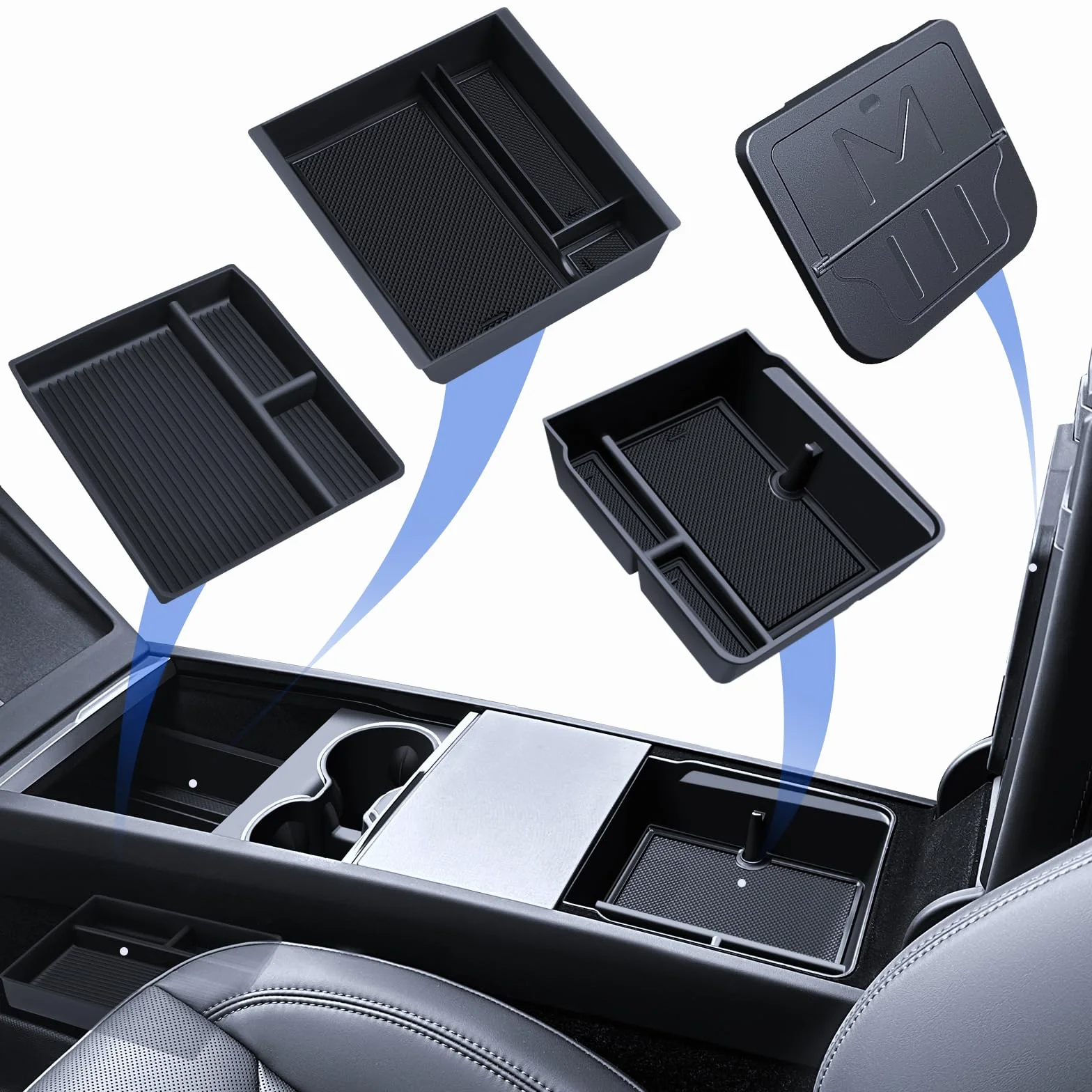 4 accesorios para Tesla Model 3 2024 organizador de consola central, bandeja organizadora de silicona, caja de almacenamiento para reposabrazos y caja oculta Tesla Model 3 2024 Highland
