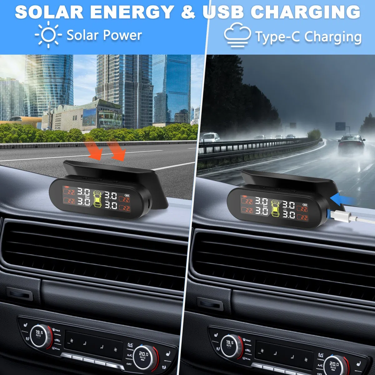 TPMS Sistema de monitoreo de presión de neumáticos, Carga Solar/USB, 4 Funciones de Alarma, con 4 Sensores Externos, para Auto, Sedan, SUV, Monovolúmenes etc