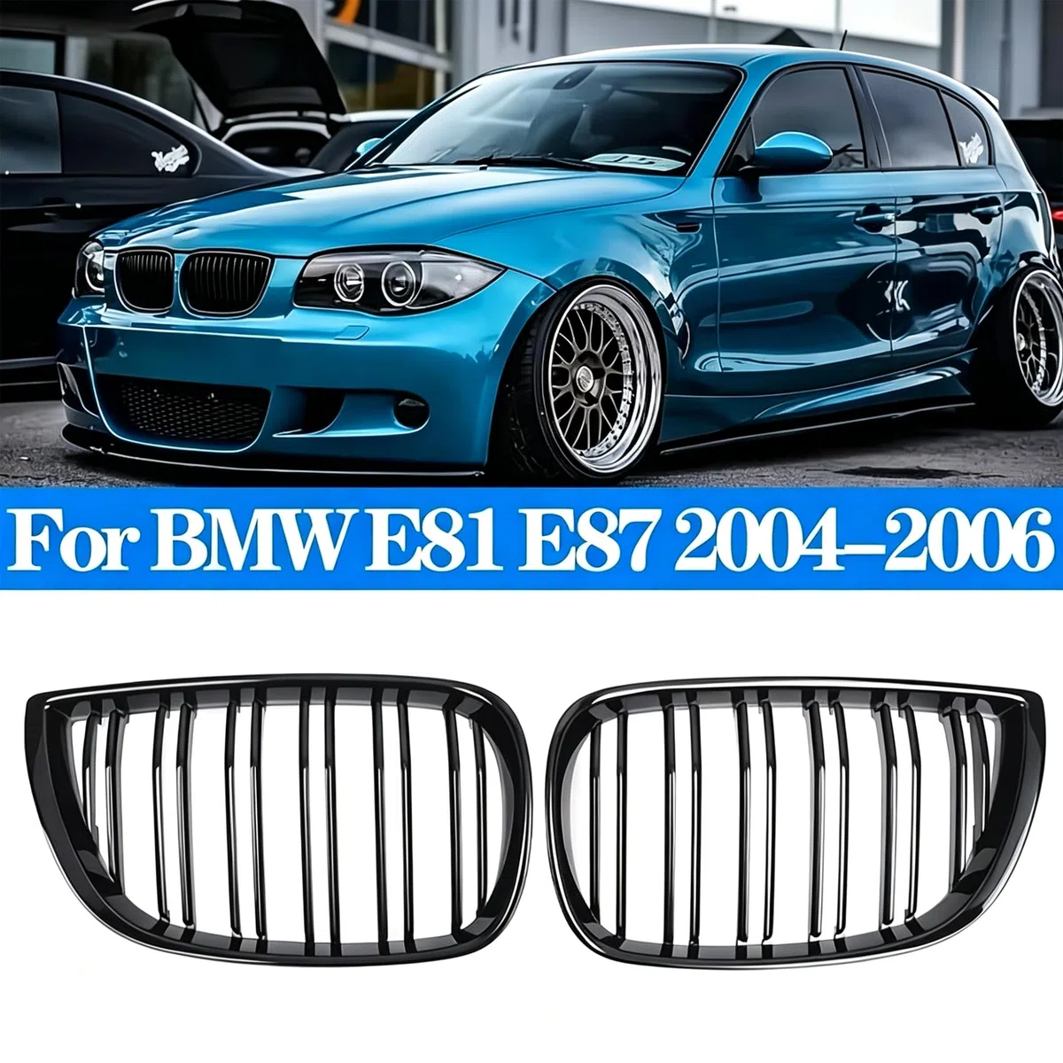 E81 E82 - Rejilla de radiador negra E87 para BMW Serie 1 E88 riñones parrilla brillante negro doble puente Sport 2004-2007 E81 E82 E87 E88 LCI-Facelift (para 1er E81 2004-2007 LCI)