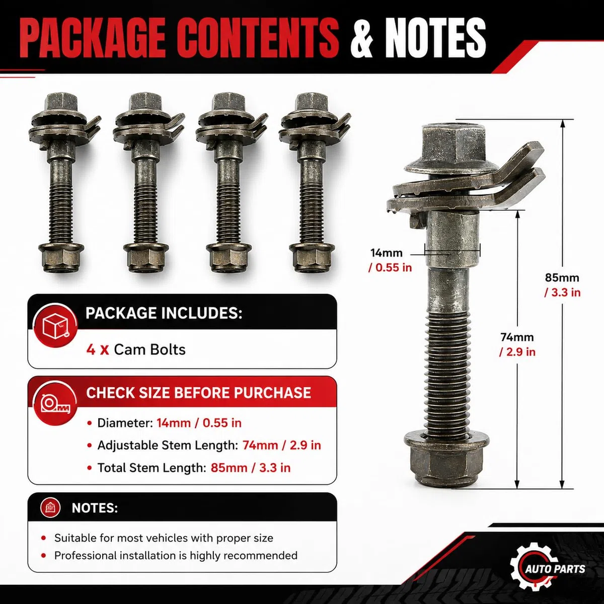 14mm Perno De Leva, 4PCS Perno Camber Pernos De Inclinación De Rueda, Alineación De Cuatro Ruedas Perno De Leva Ajustable Camber Kit, Camber Bolts Cam Bolt Kit Para Alineación De Cuatro Ruedas