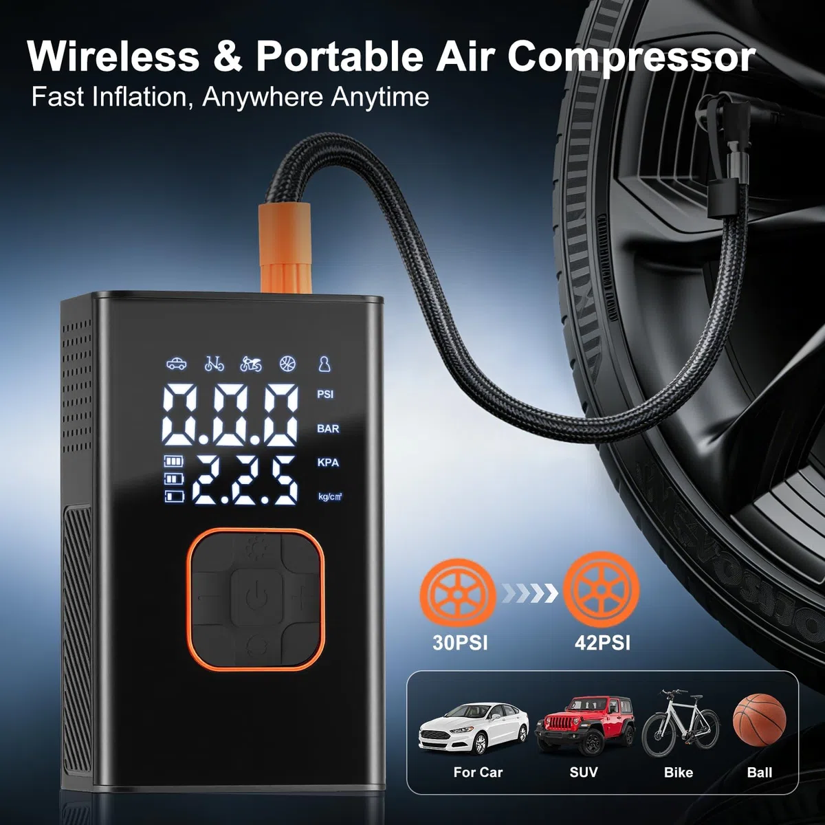 Inflador de Neumáticos y Compresor de Aire Portátil para Coche, Bicicleta – Bomba de Aire Eléctrica con Manómetro Digital, Recargable (Bomba Portátil)