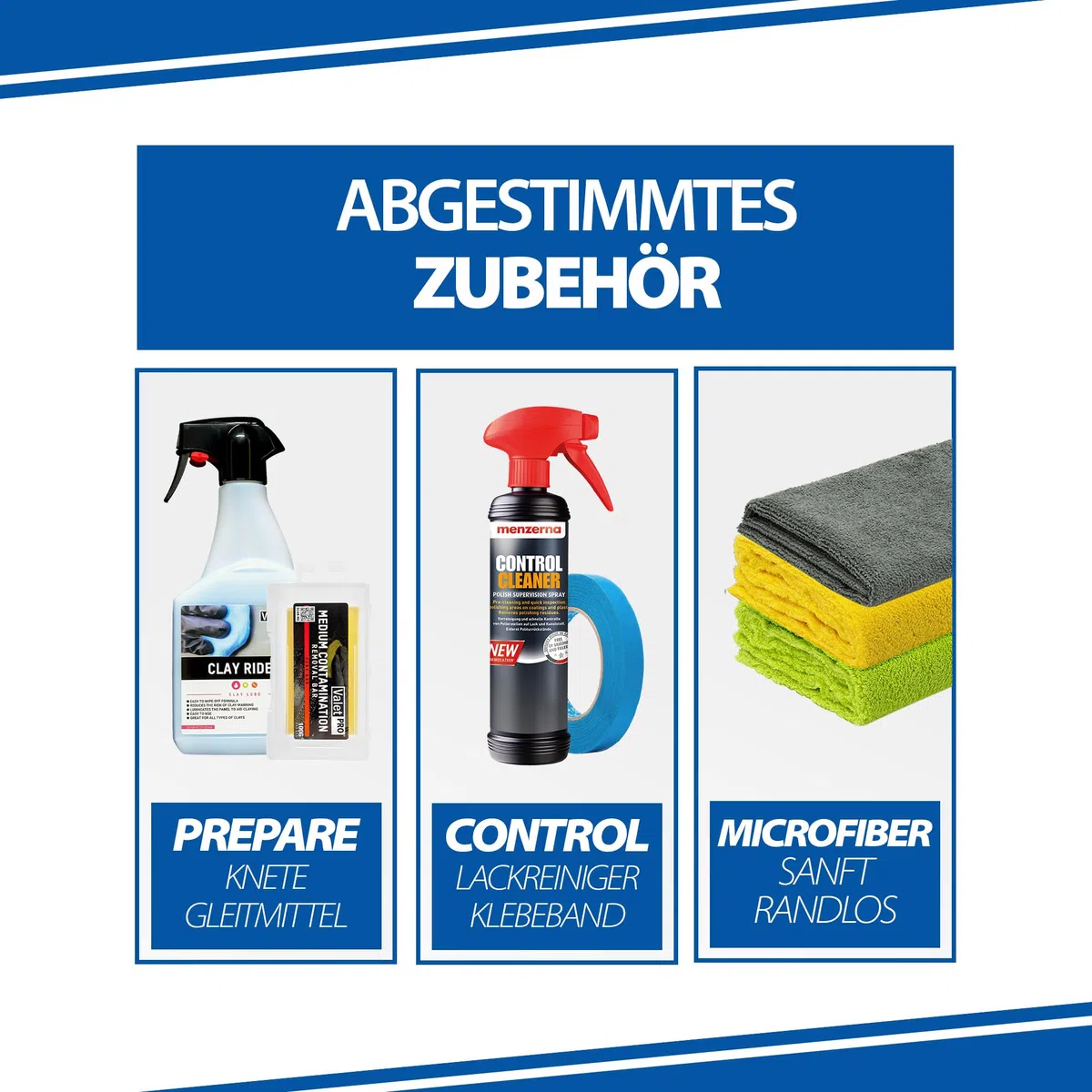 Paquete de abrillantador para coche: PLSH H15 pulidora + abrillantador Menzerna One-Step 0,25 l, limpiador de control 0,5 l, plastilina ValetPro Clay Rider 0,5 l, Sonax Quick Detailer 140 ml +