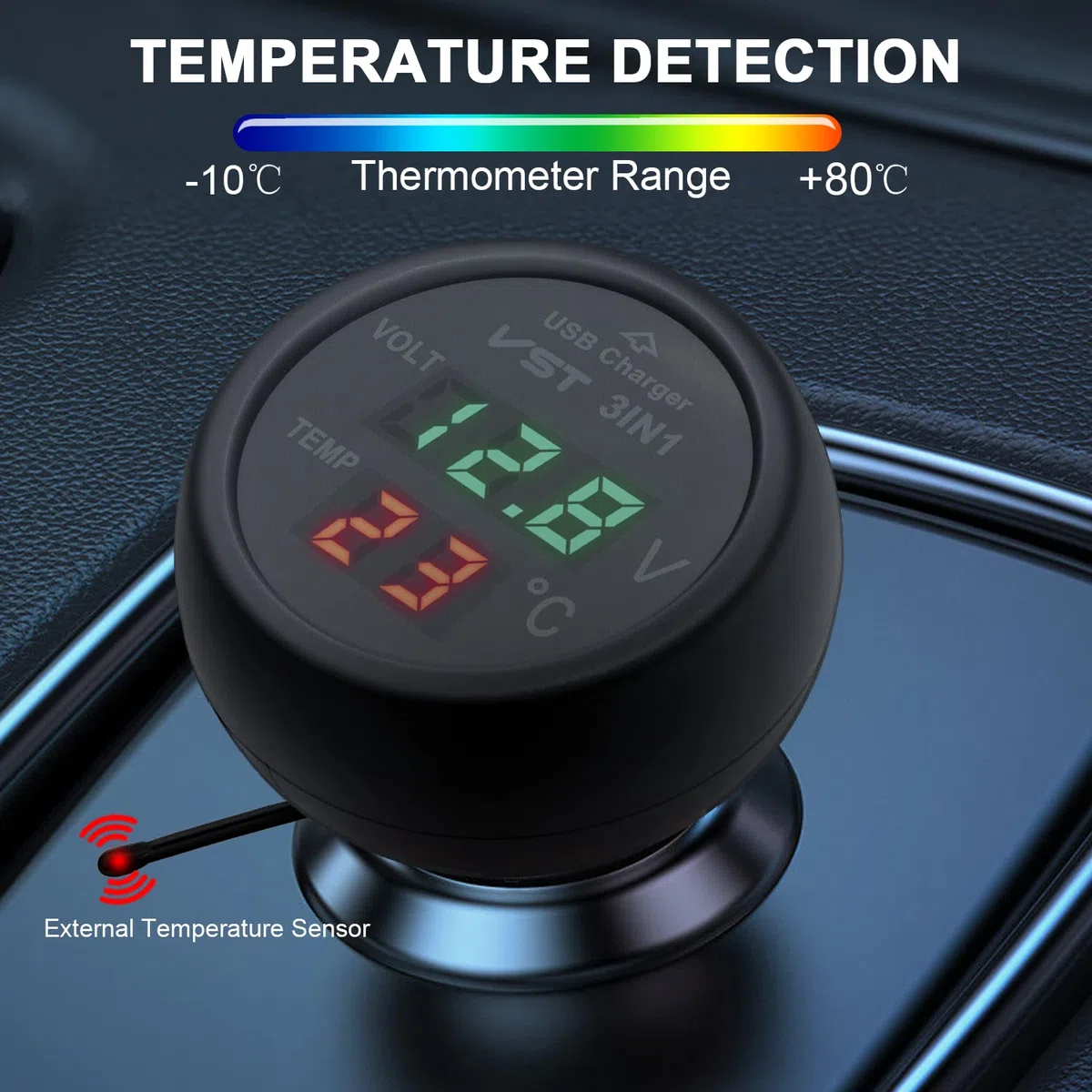 Cargador USB 3 en 1 para coche, voltímetro de coche, termómetro con pantalla digital LCD, medidor de temperatura, medidor de voltaje, SUV, autobuses