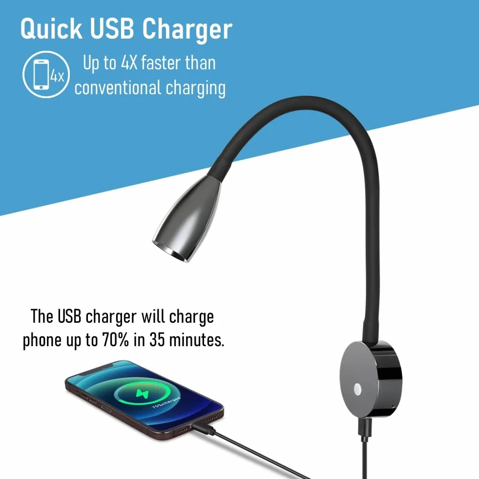 acegoo Luz de Lectura LED 12V Lámpara de Pared Flexible Cuello de Cisne Regulable DC12-24V con Cargador USB para Barco Autocaravana Caravana Camper Cabina Camión Camión (Negro Brillante)