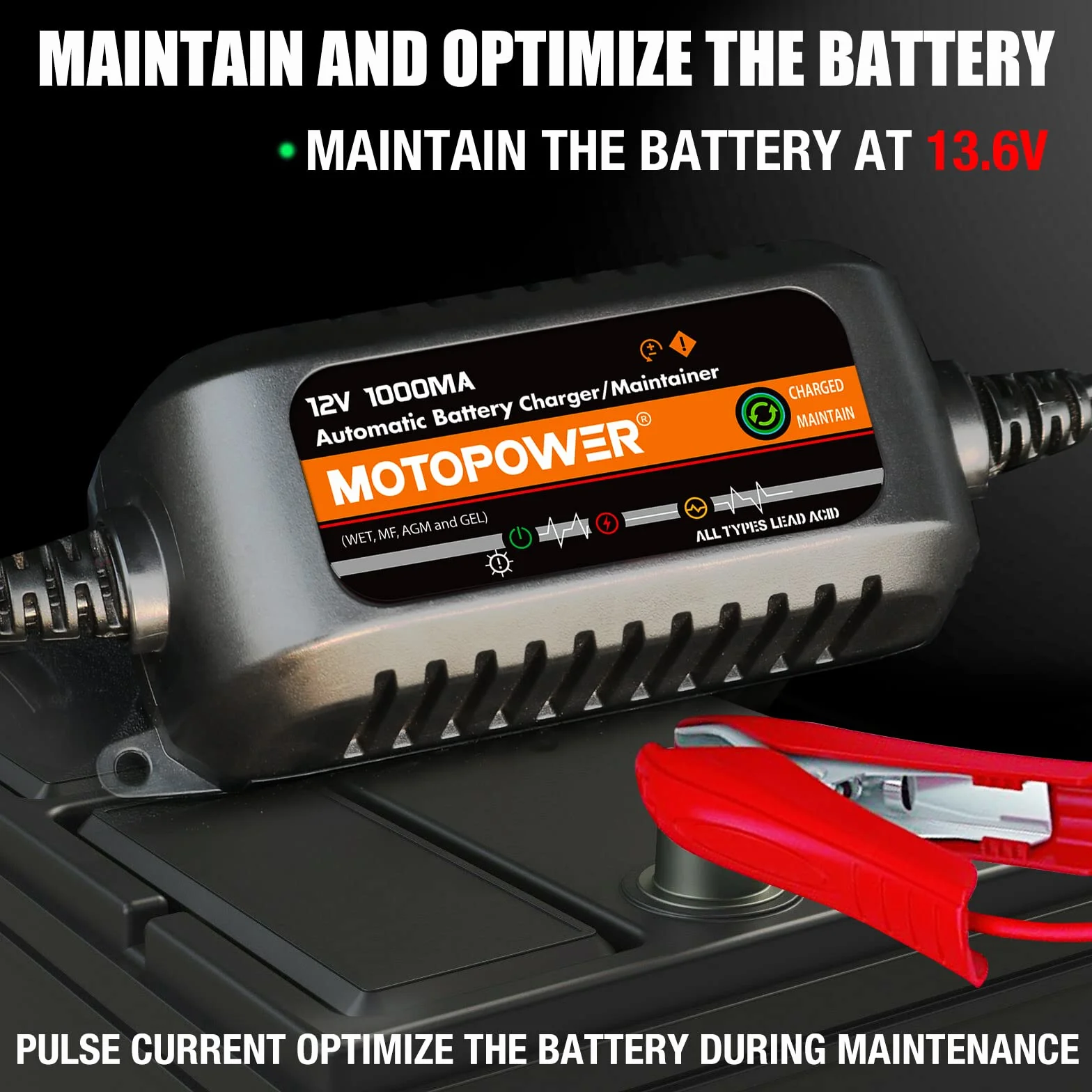 MOTOPOWER MP00205B 12V 1000mA Mantenedor de Cargador de batería Completamente automático