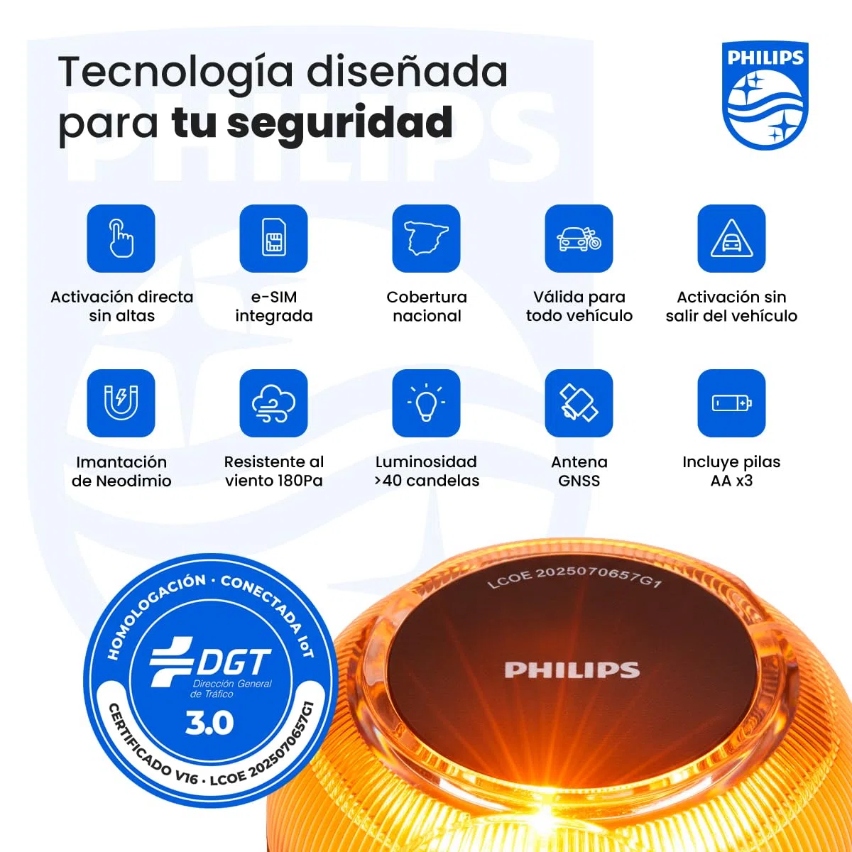 Philips Baliza de Emergencia V16 con Geolocalización y Conexión DGT 3.0 – Homologada, Plan de Datos Incluido, Base Magnética, Alta Visibilidad 1km, Resistente Lluvia y Viento, Pilas AA inlcuidas